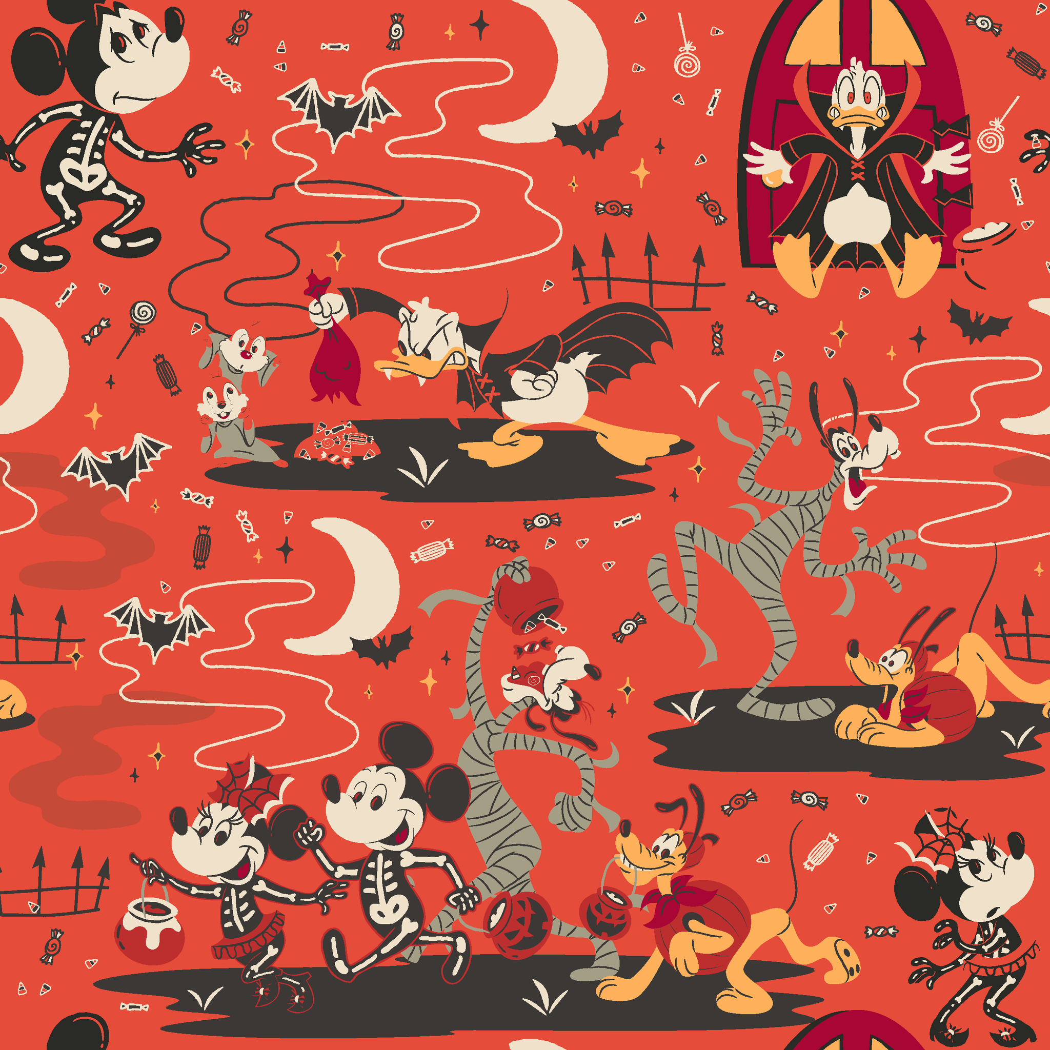 Halloween-themed Disney pattern with Mickey, Minnie, Donald in skeleton costumes on orange background with bats and moons tiled preview square