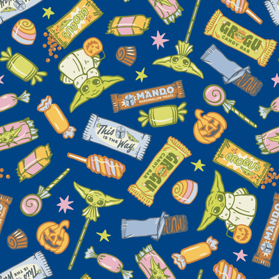Colorful candy pattern with wrapped sweets, lollipops, and treats on dark blue background tiled preview square