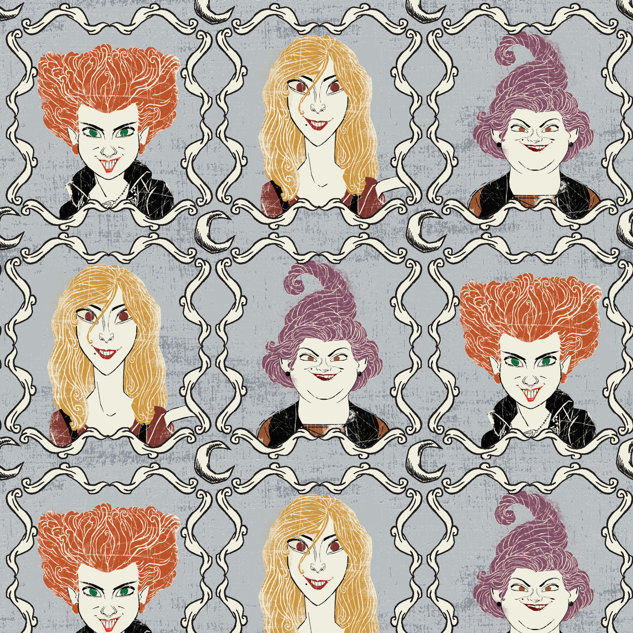 Illustrated portraits of fantasy characters with wild orange, blonde, and purple hair on gray patterned background tiled preview square