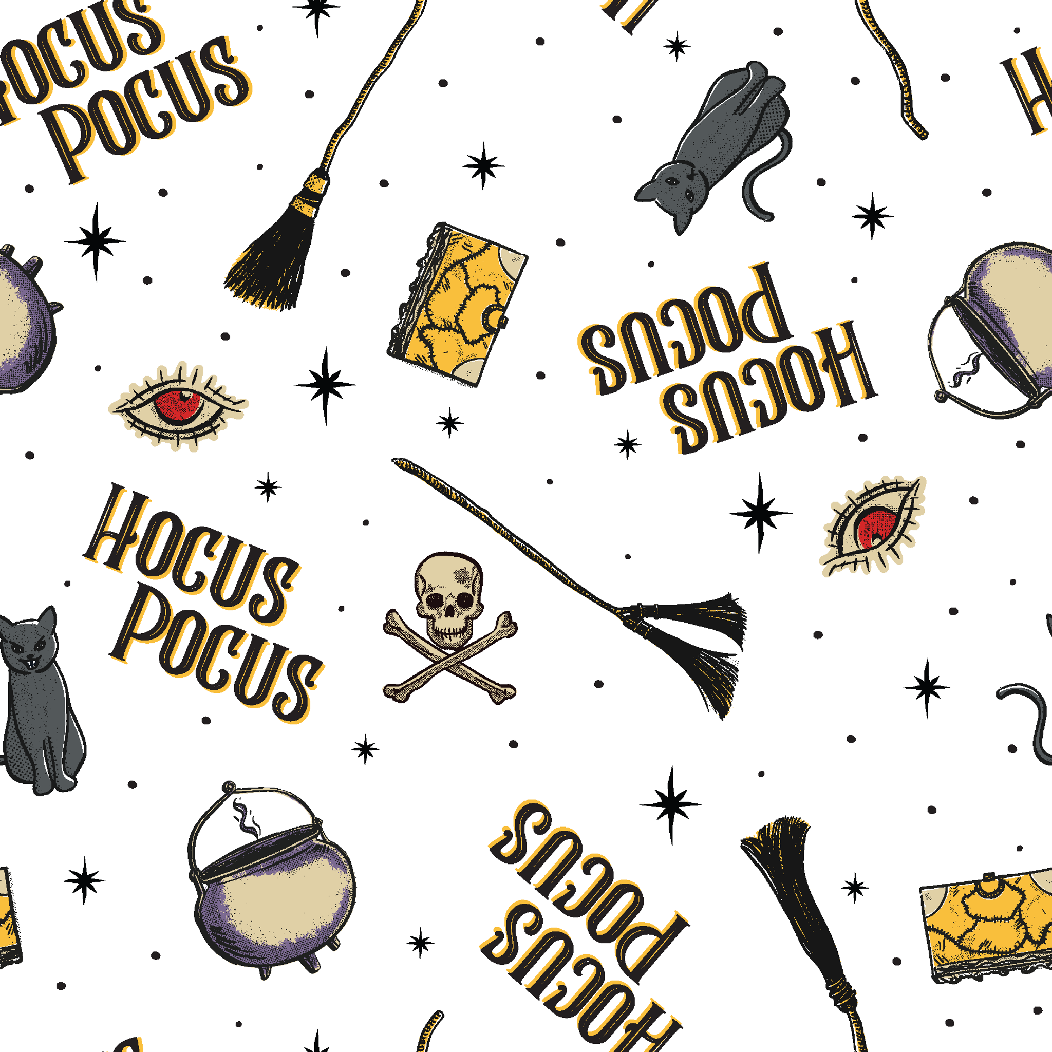 Repeating pattern of witchcraft items with "Hocus Pocus" text, cauldrons, brooms, and mystical symbols on white background tiled preview square
