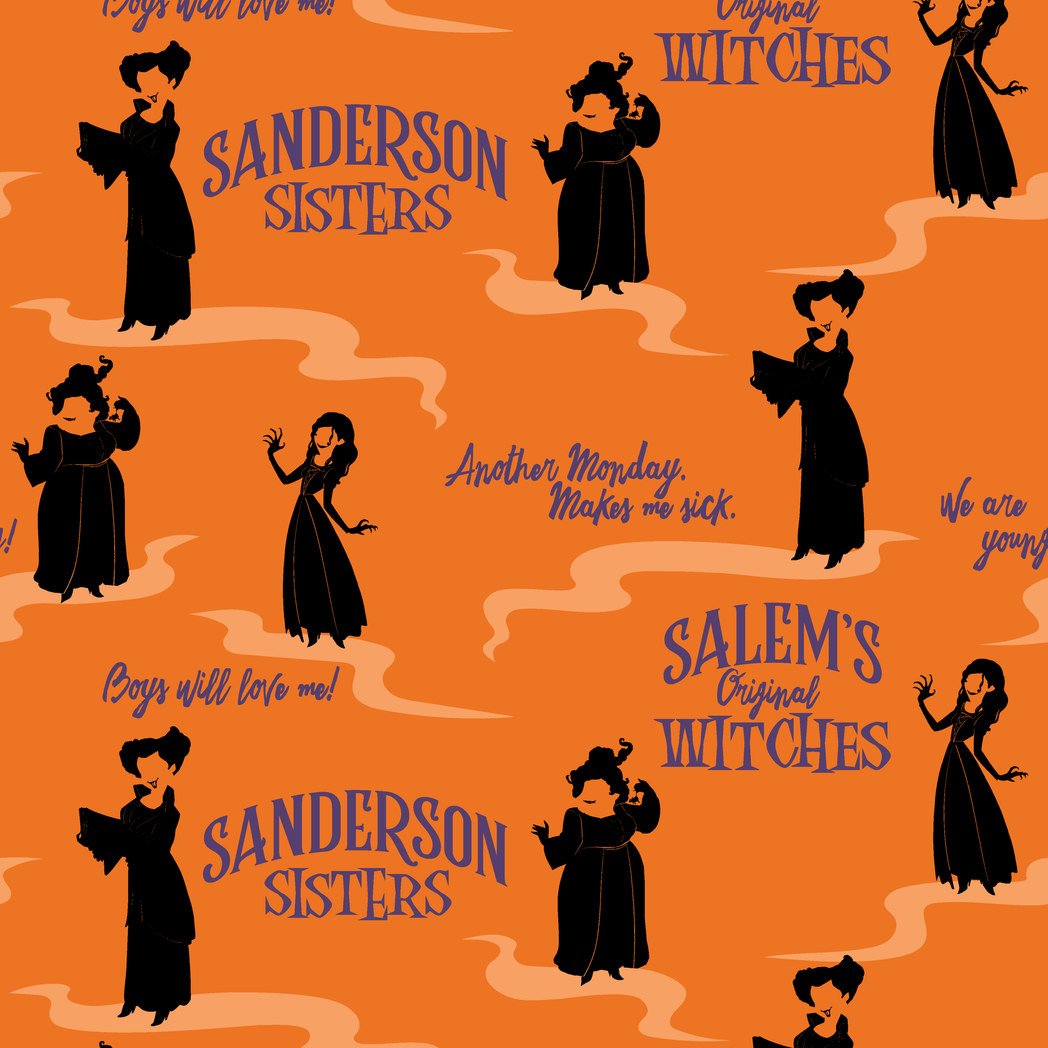 Orange background with silhouettes of witches in black robes and text "Sanderson Sisters" and "Salem's" in blue lettering tiled preview square