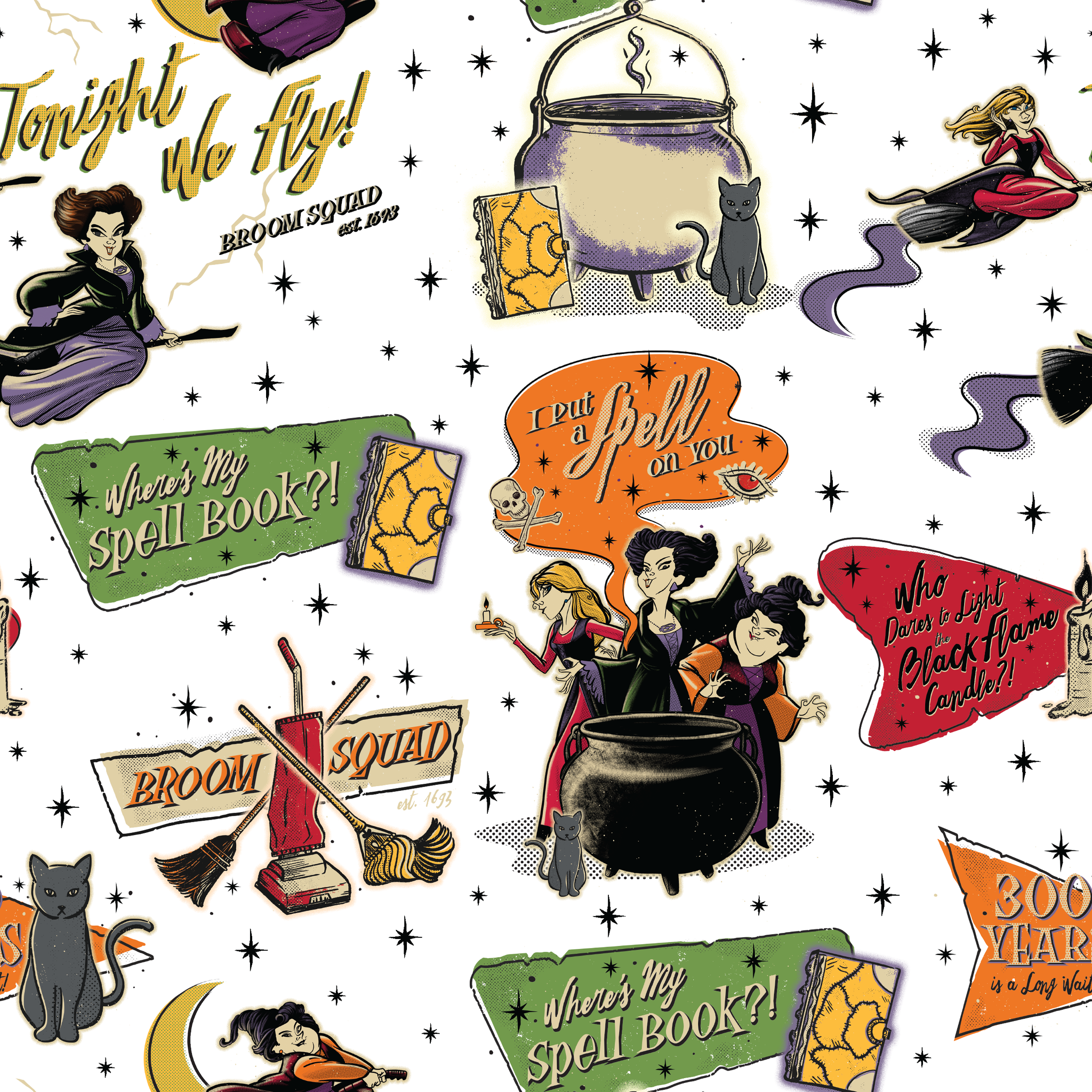 Halloween witch-themed pattern with spell books, cauldrons, brooms, stars, cats, potions and magical sayings on white background tiled preview square
