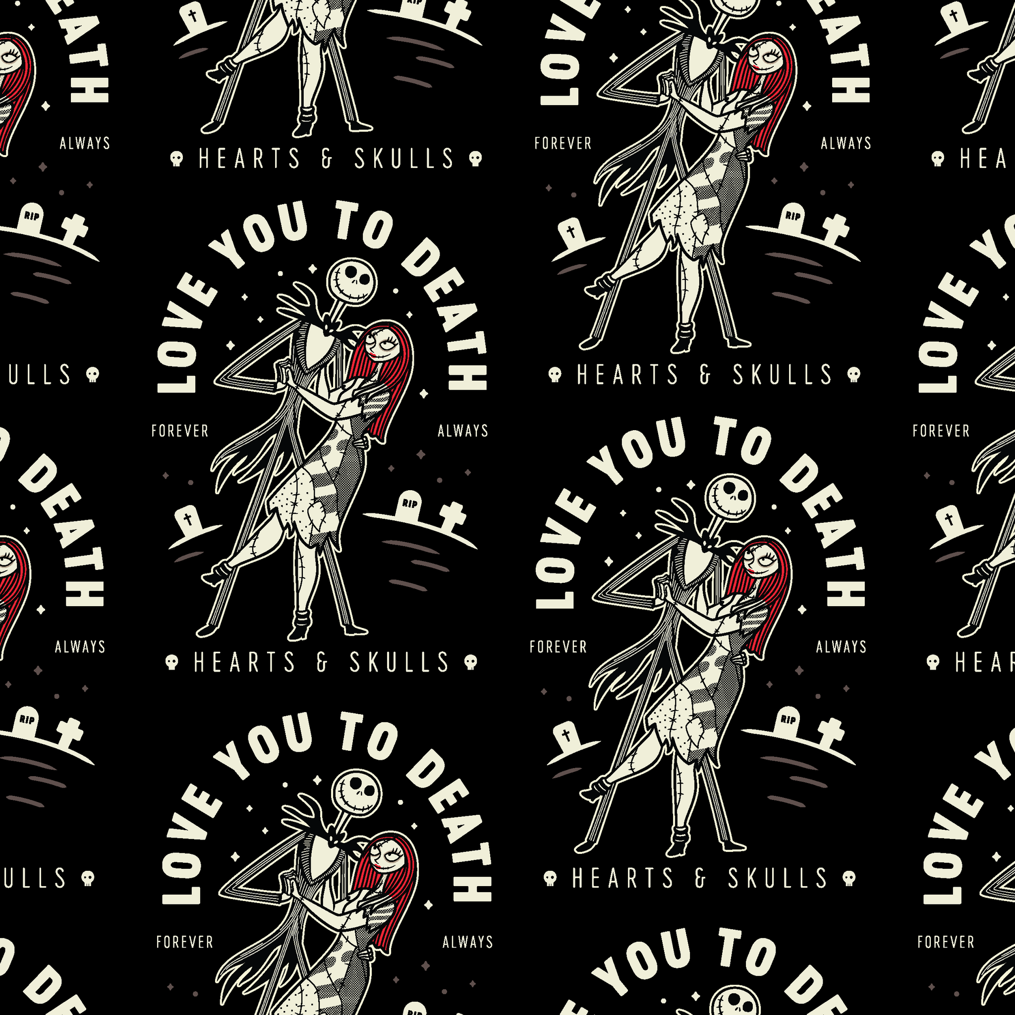 Repeating pattern of skeletal figures holding red hearts with "LOVE YOU TO DEATH" text on black background tiled preview square