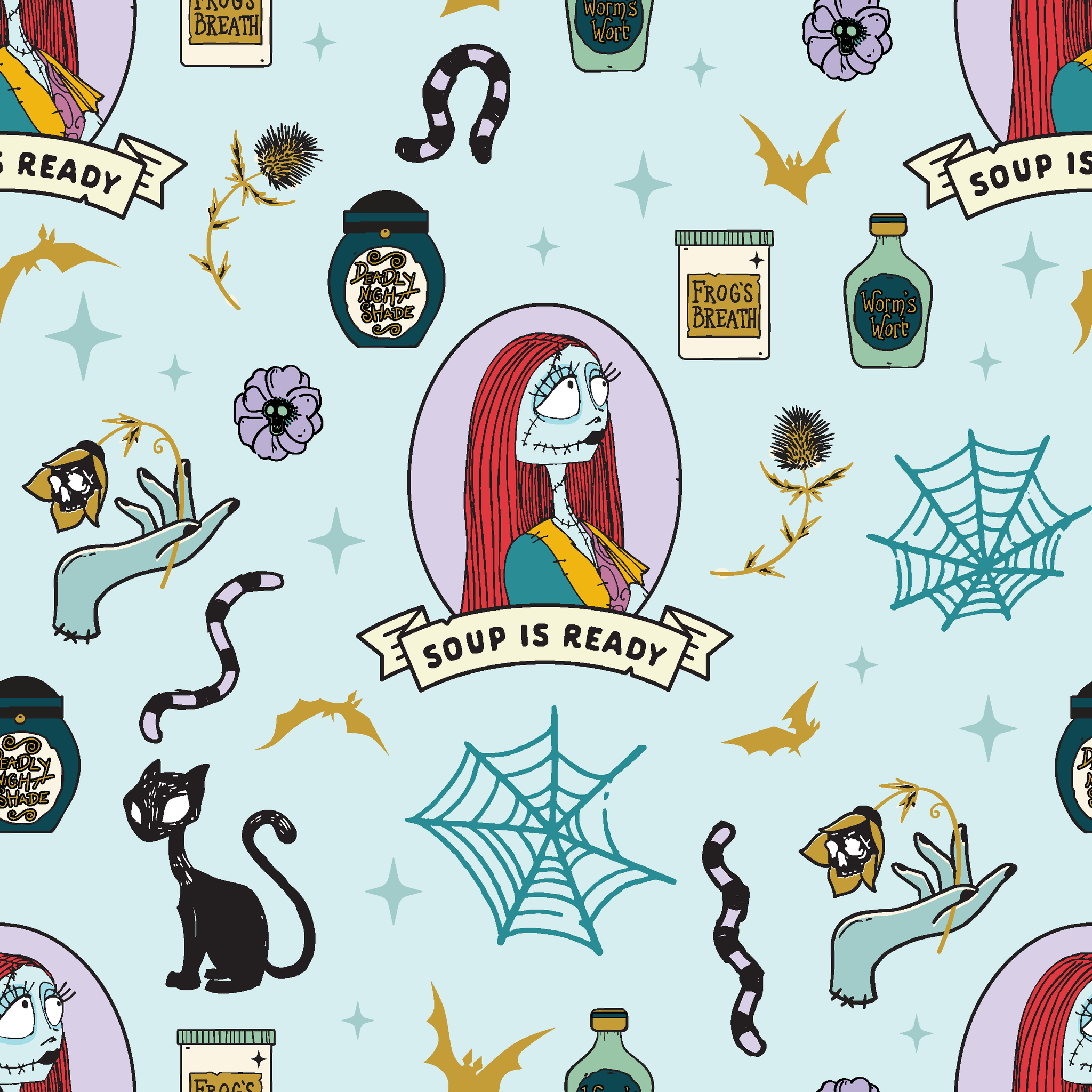 Whimsical pattern with skeletal figure in oval frame, black cats, spiderwebs, potion bottles, and "Soup is Ready" banners on light blue background. tiled preview square