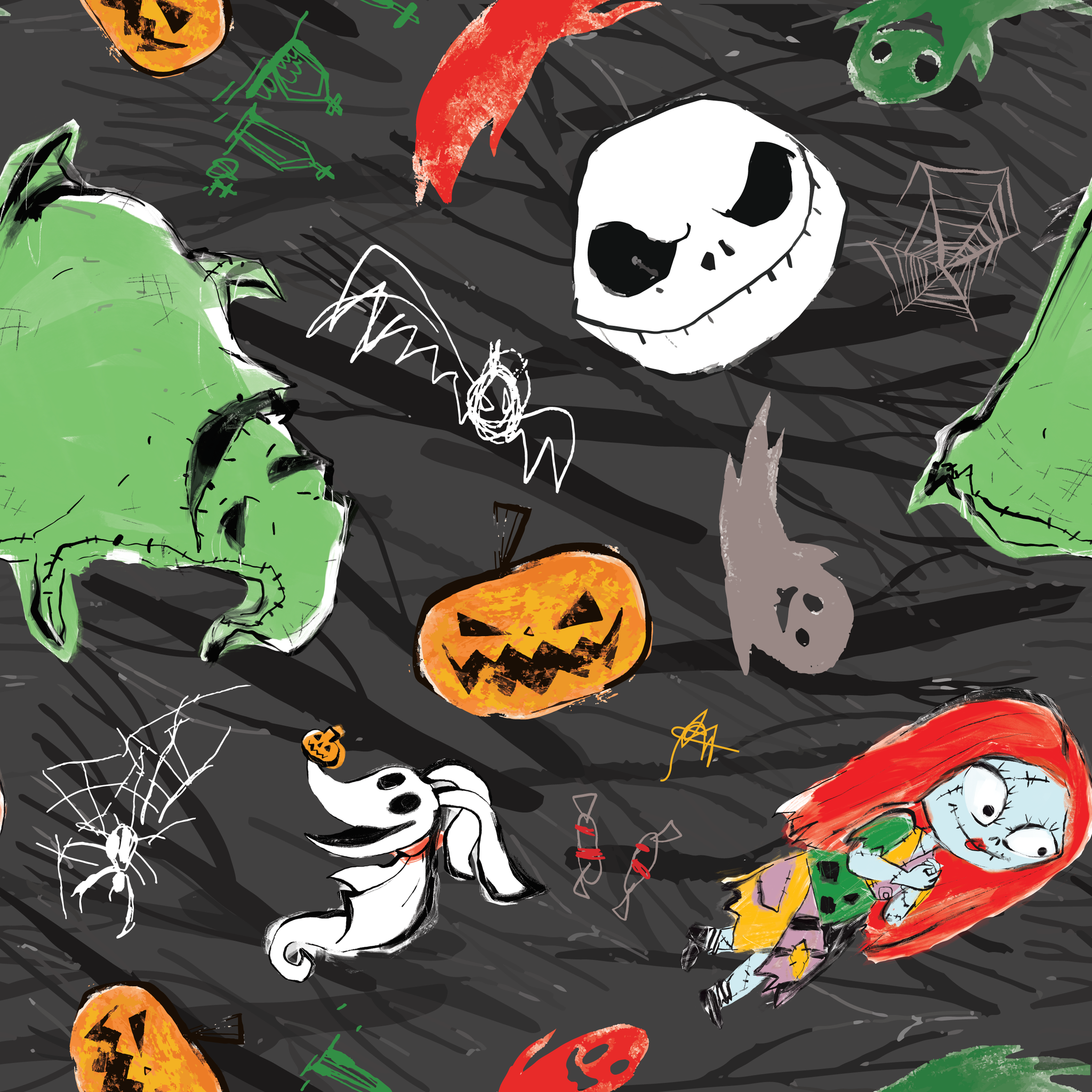 Nightmare Before Christmas pattern with Jack's face, green ghosts, orange pumpkins, spiders, and white ghosts on dark gray background tiled preview square
