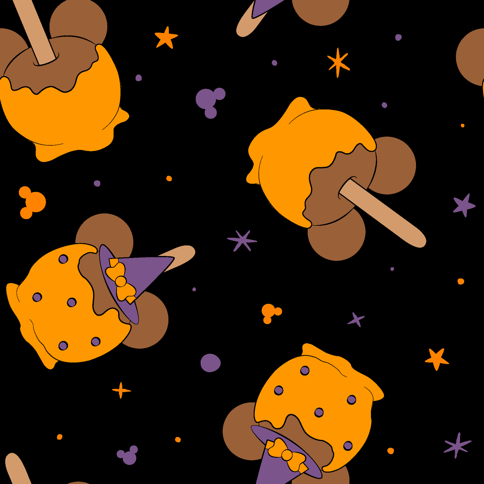 Disney-inspired caramel apples and candy apples floating in a space-like black background with purple stars. tiled preview square