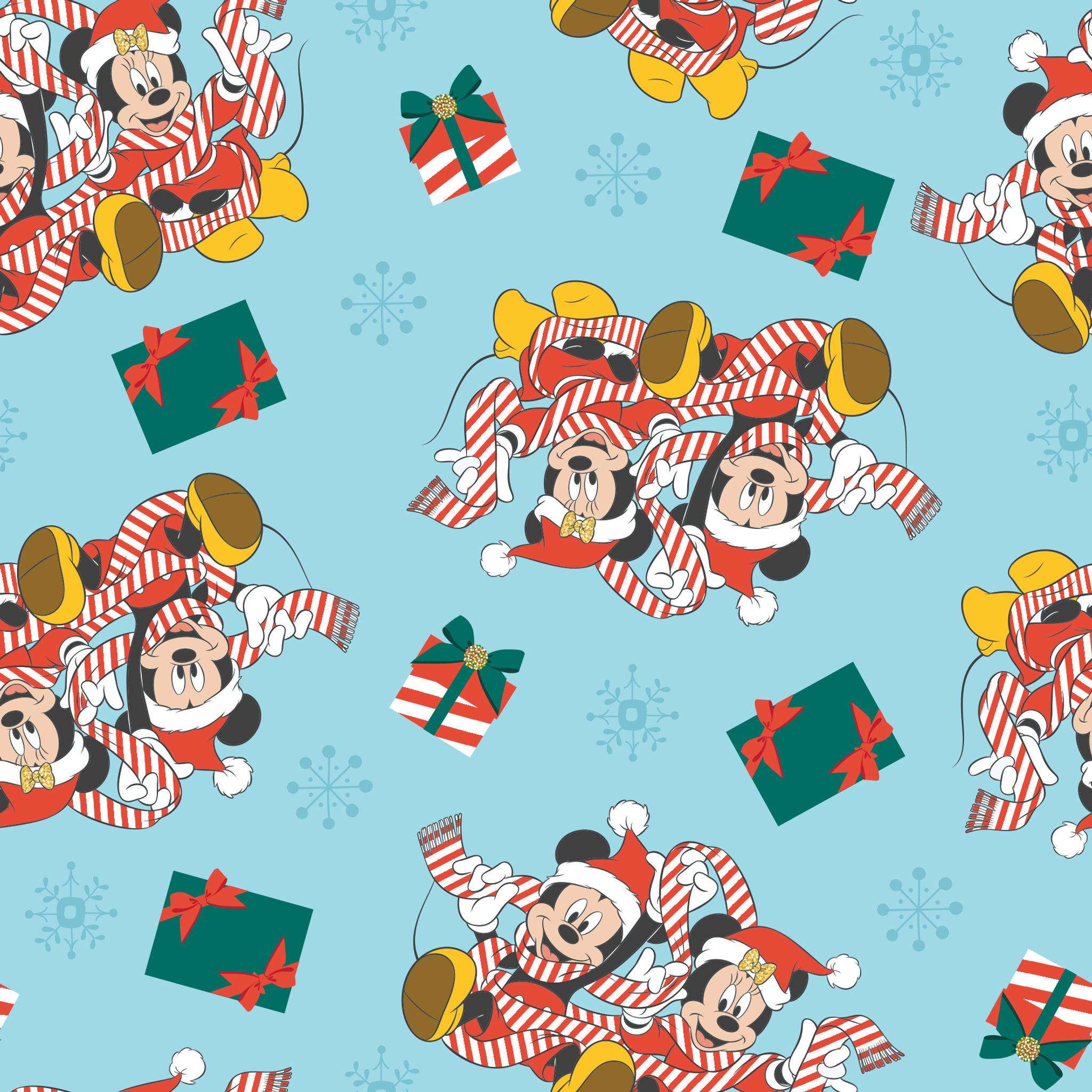 Mickey and Minnie Mouse pattern with candy stripe pajamas, presents, and snowflakes on light blue background tiled preview square