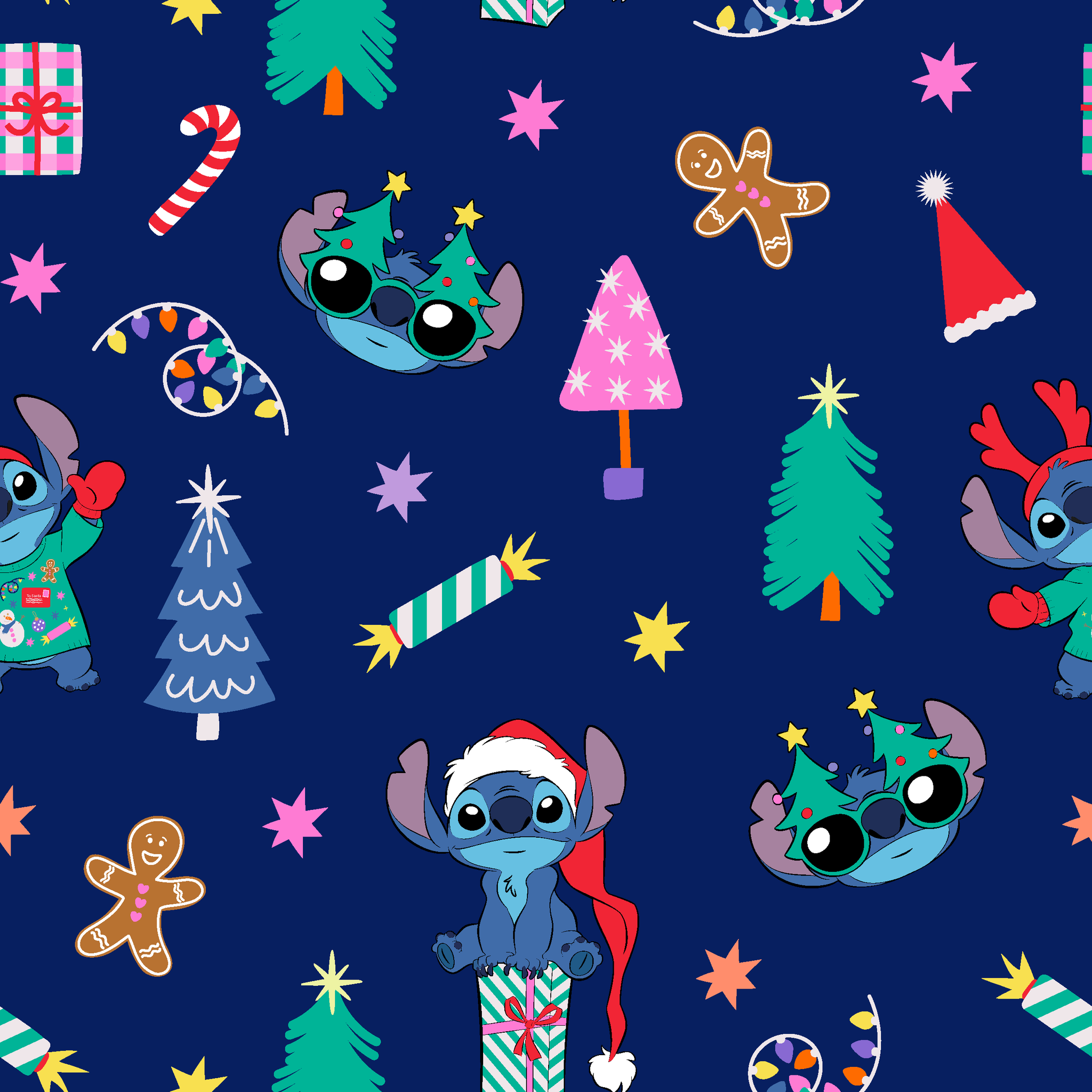 Festive Christmas pattern with Stitch, trees, candy canes, presents, and gingerbread men on navy background tiled preview square