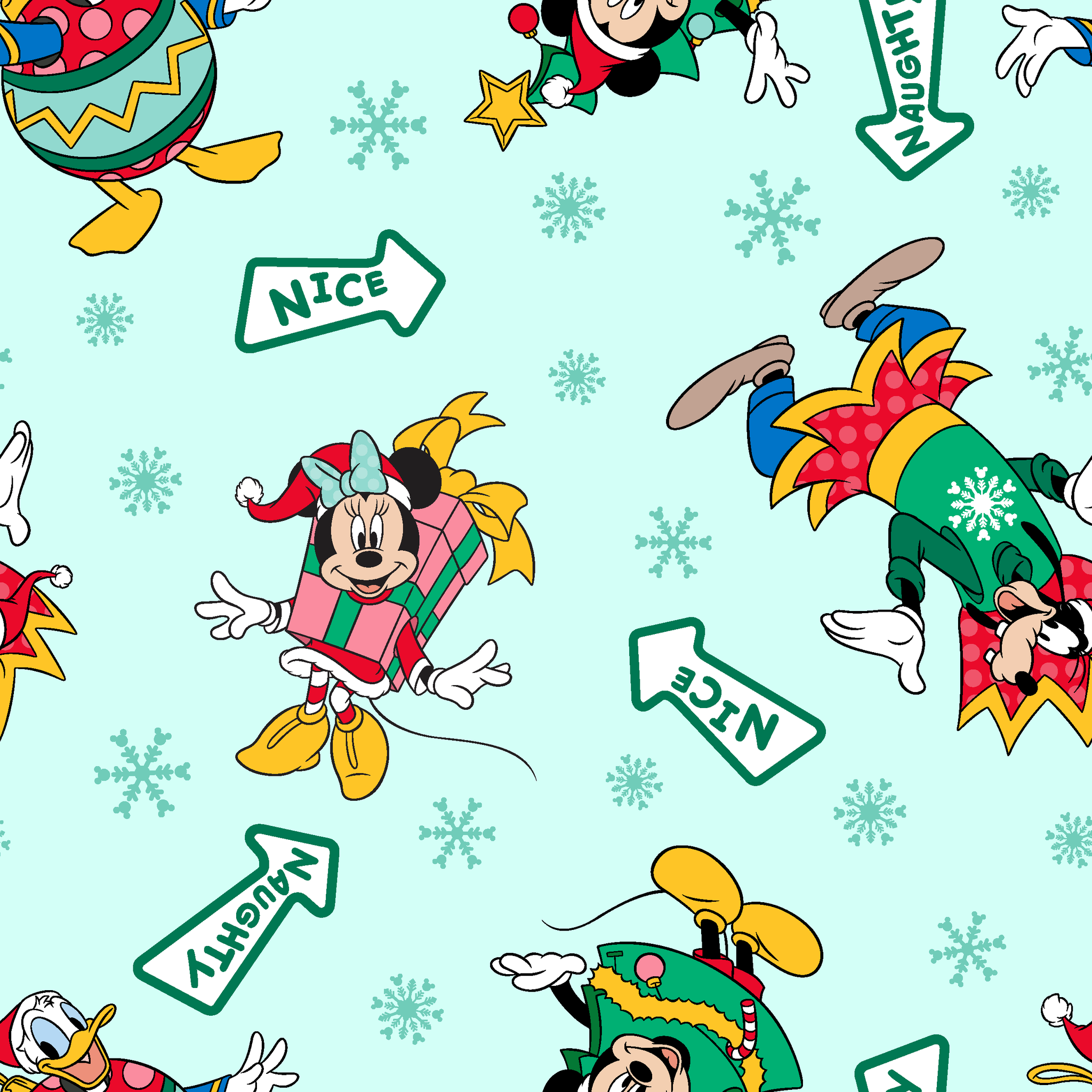 Disney character pattern with Minnie and Mickey in festive holiday outfits on light blue background with snowflakes and "Nice" signs. tiled preview square