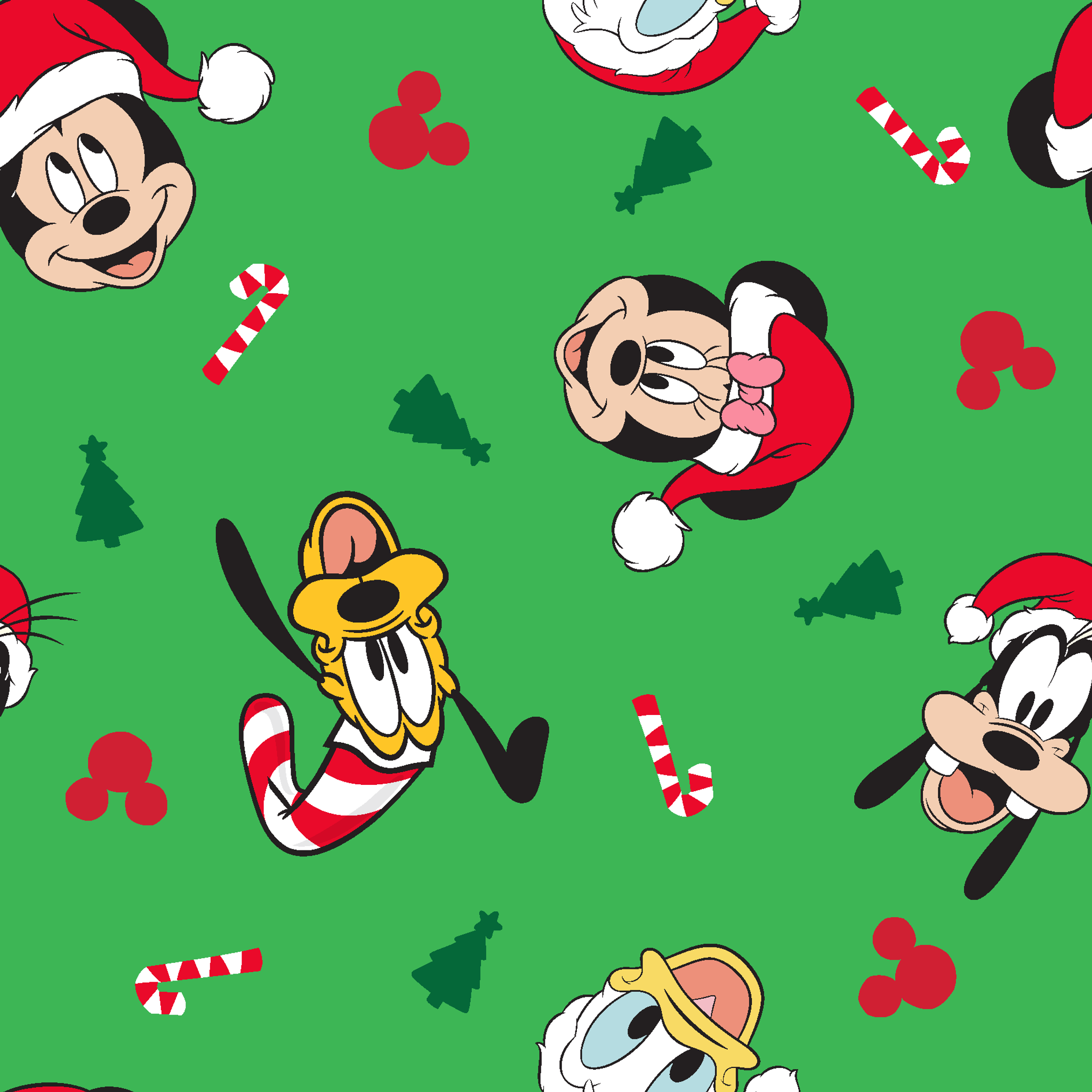 Disney Mickey Mouse characters in Santa hats on green background with candy canes and Christmas trees tiled preview square