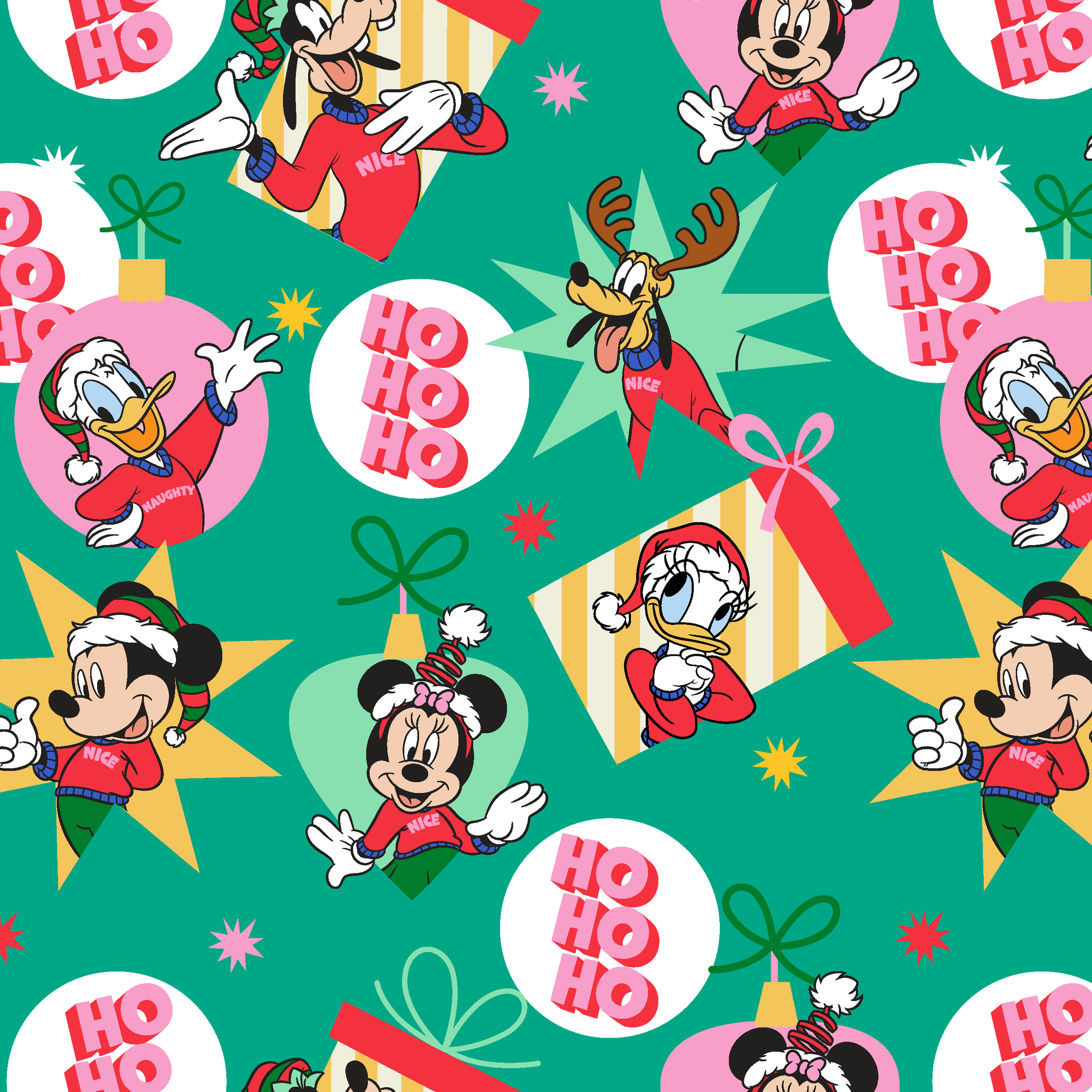 Festive Disney characters on green holiday pattern with "Ho Ho Ho" text and Christmas ornaments tiled preview square
