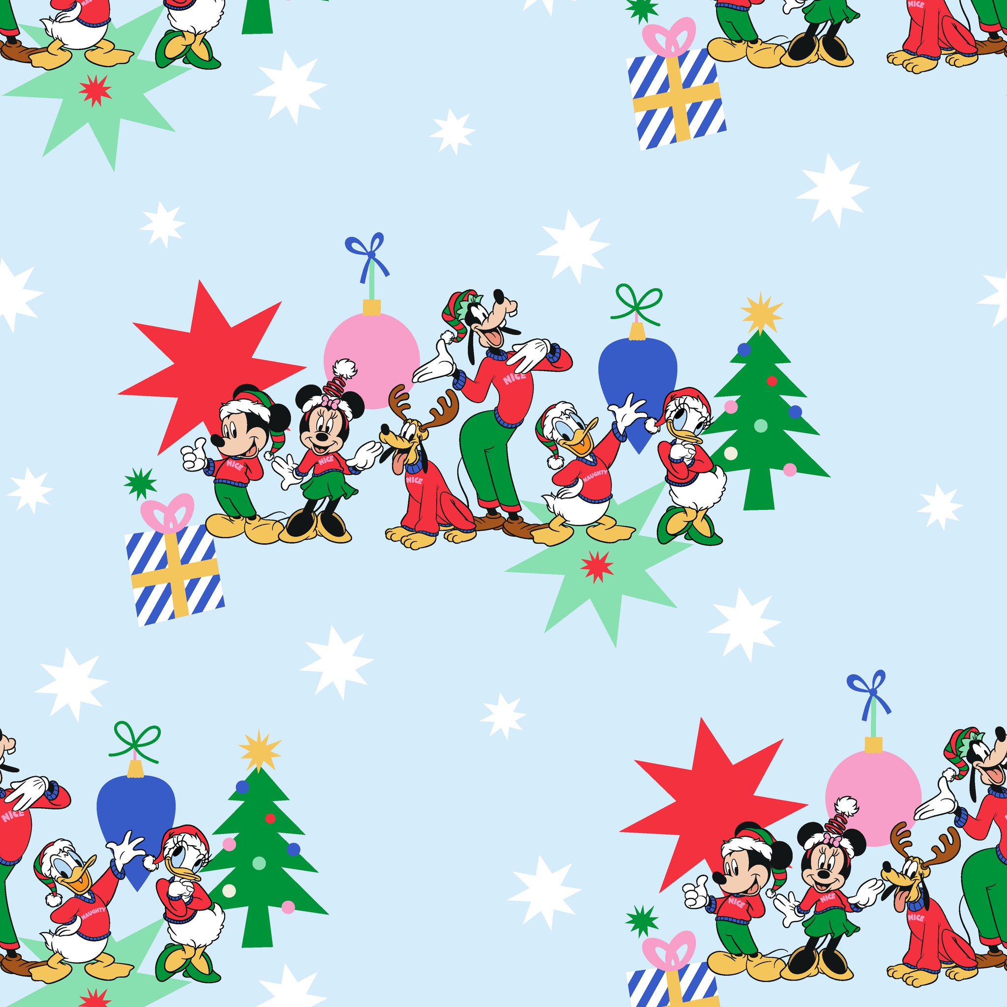Cartoon Disney characters in festive poses with Christmas trees, ornaments, and stars on light blue snowy background tiled preview square