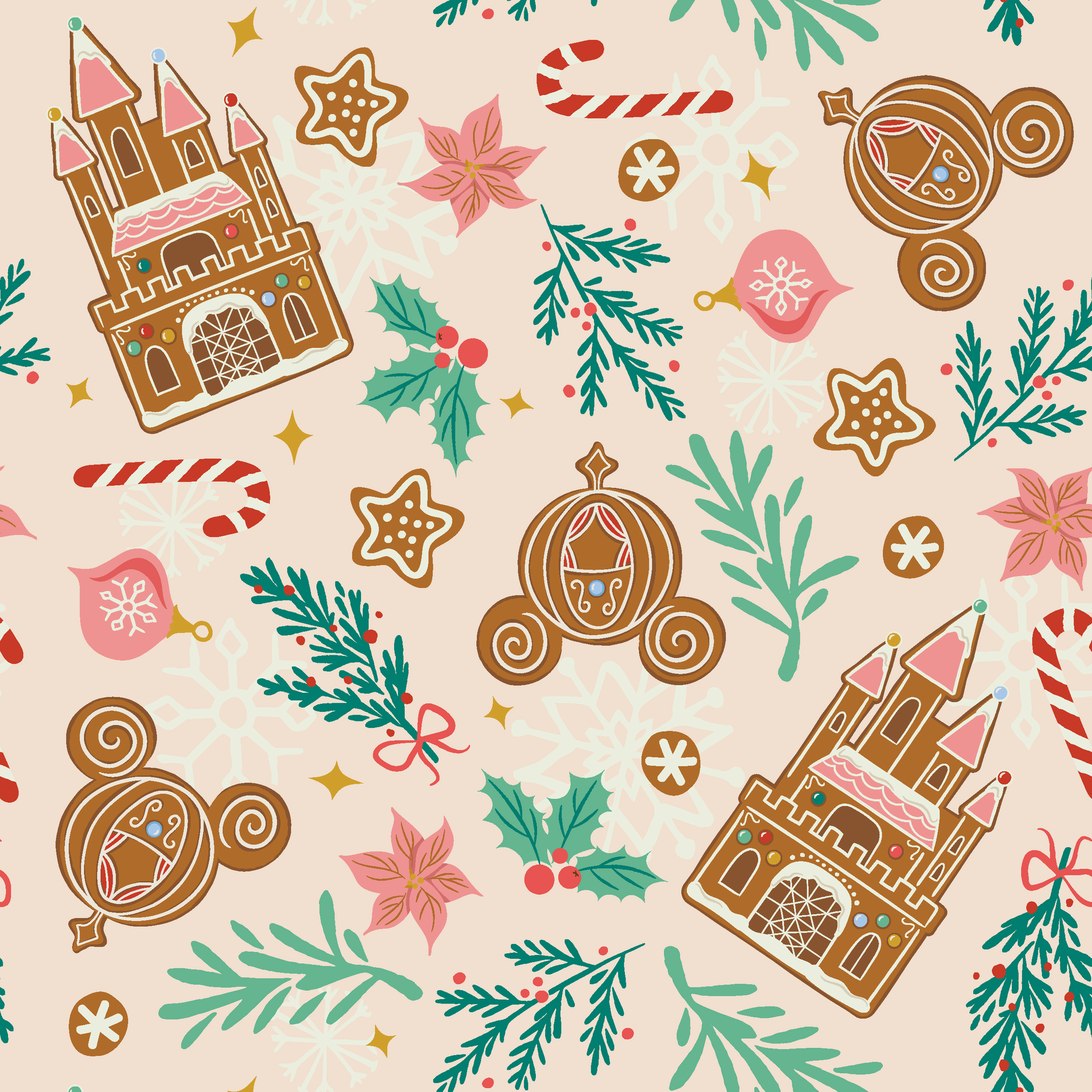 Disney Christmas pattern with gingerbread castles, carriages, candy canes, stars, and pine sprigs in holiday colors tiled preview square