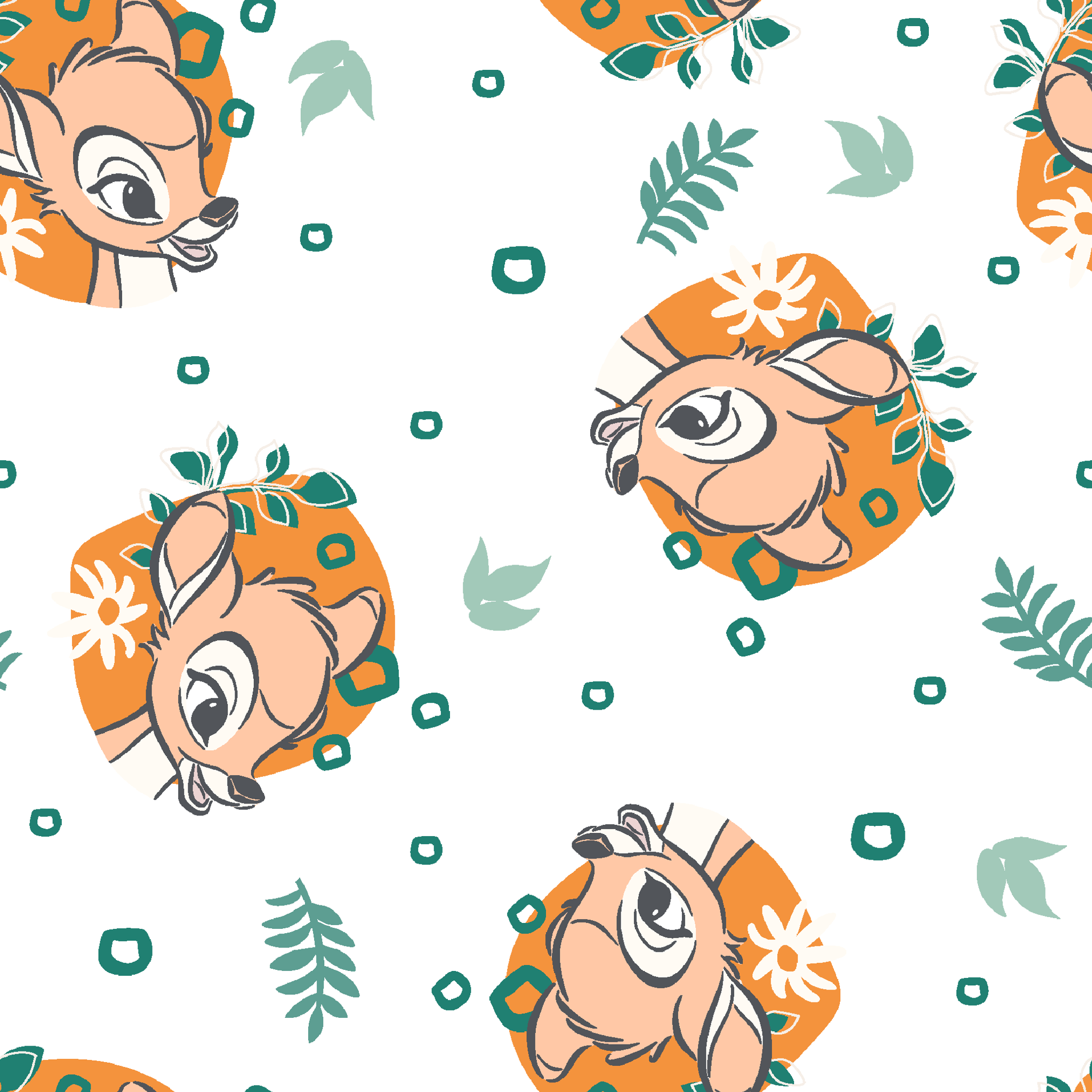 Disney’s Bambi illustrated in golden-orange floral medallions with green leaves and scattered geometric accents on a white background. tiled preview square
