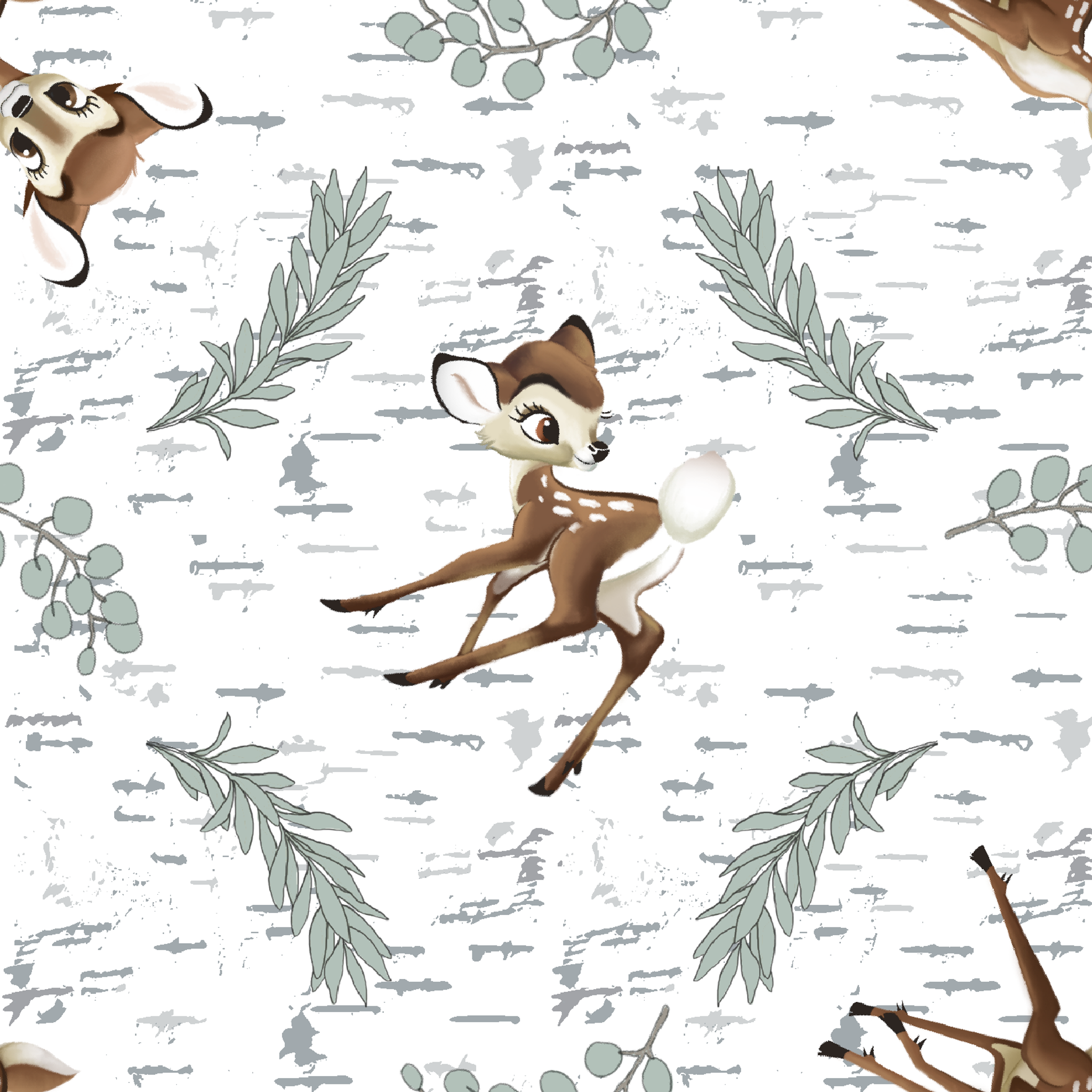 Disney’s Bambi surrounded by sage green sprigs, leafy branches, and birch bark textures on a white background in a woodland-themed scattered repeat. tiled preview square