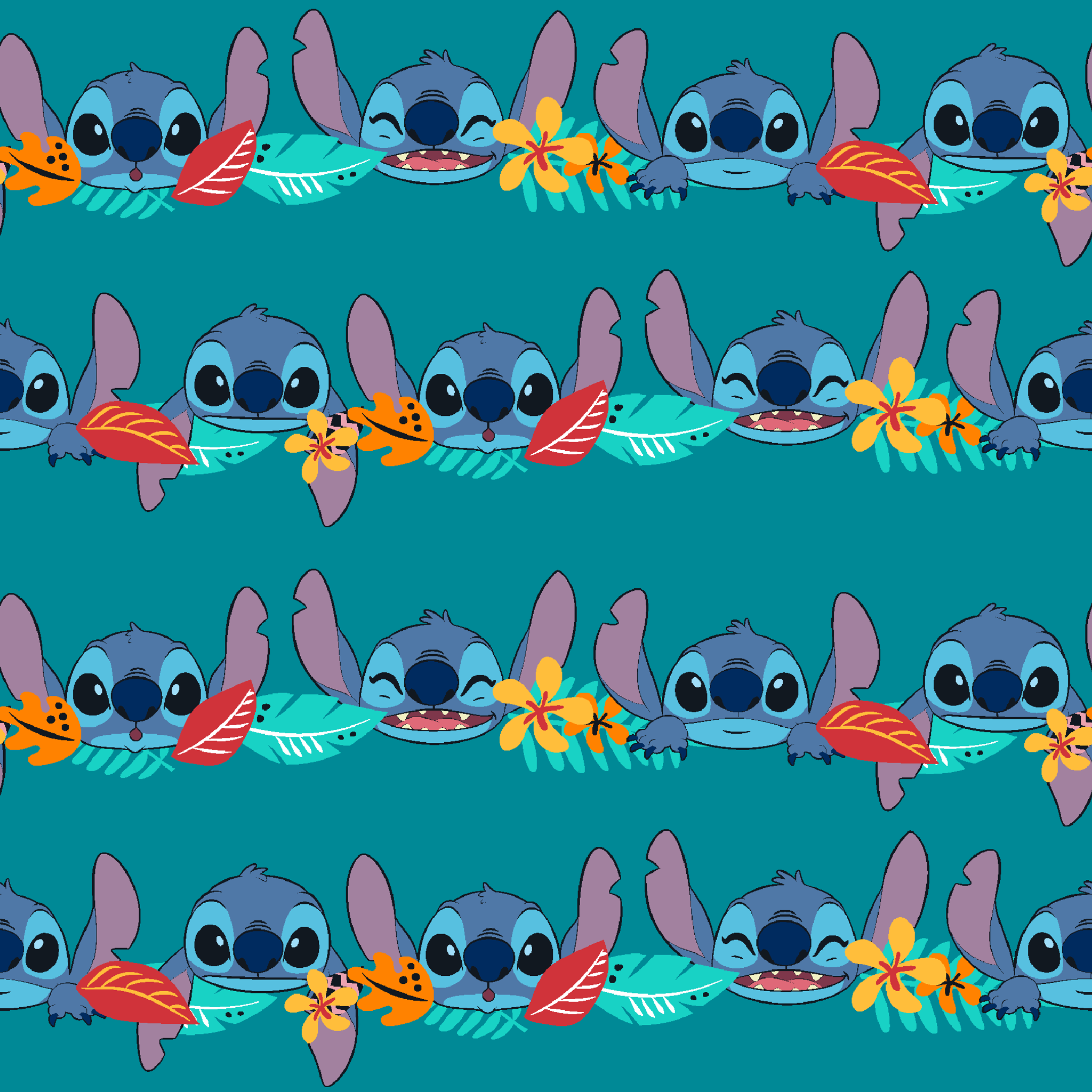 Repeating stripe design with Disney’s Stitch peeking between rows of tropical hibiscus flowers and colorful leaves on a teal background. tiled preview square