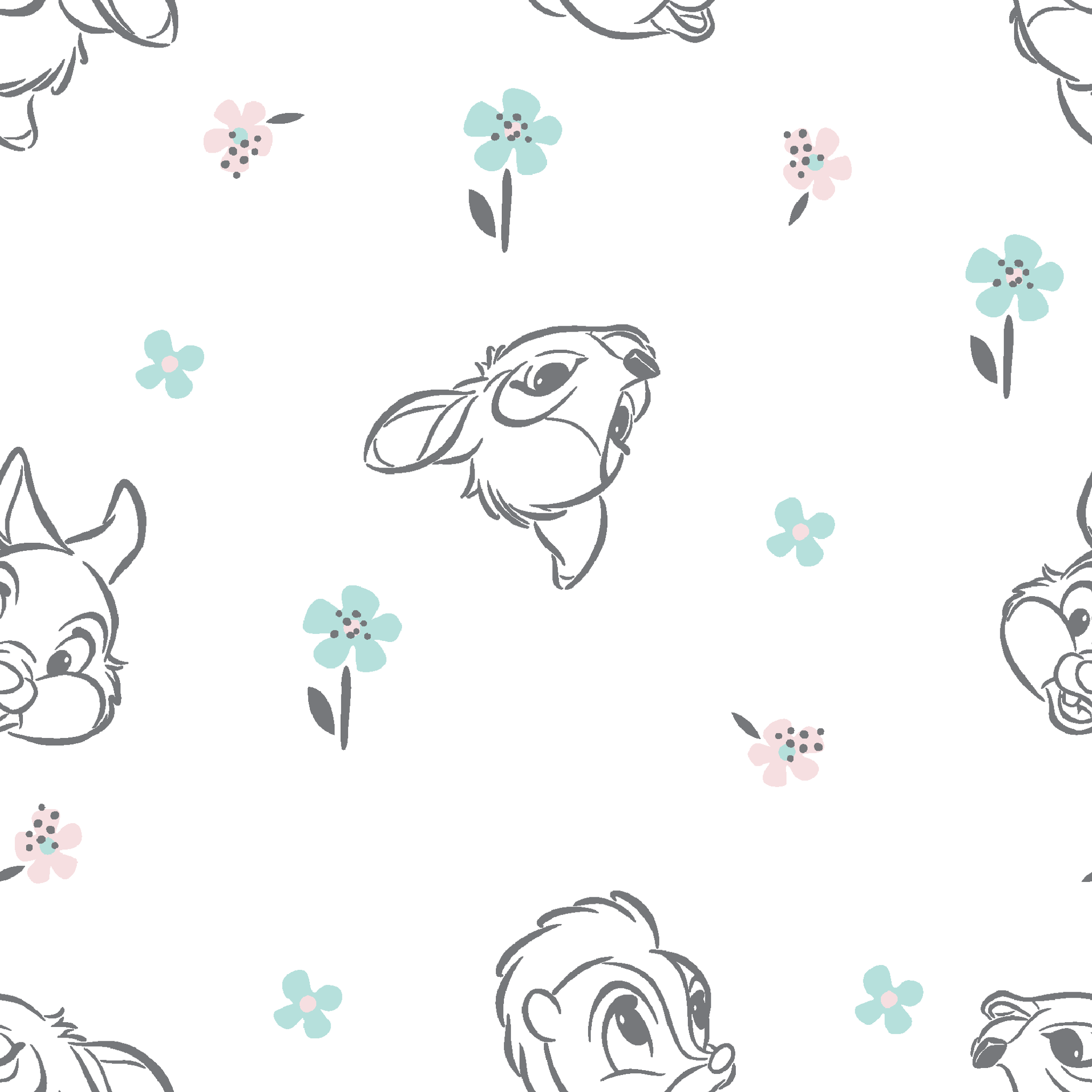 Sketch-style animals from Disney Bambi with pastel flowers on a white background. tiled preview square