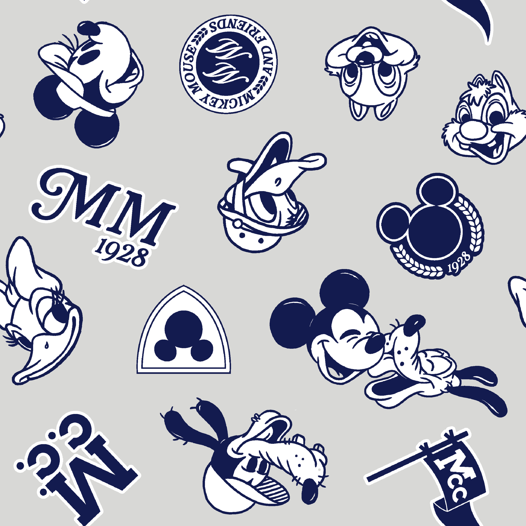 Disney character pattern with Mickey Mouse, Donald Duck and other classic cartoon figures in navy blue on light background. tiled preview square