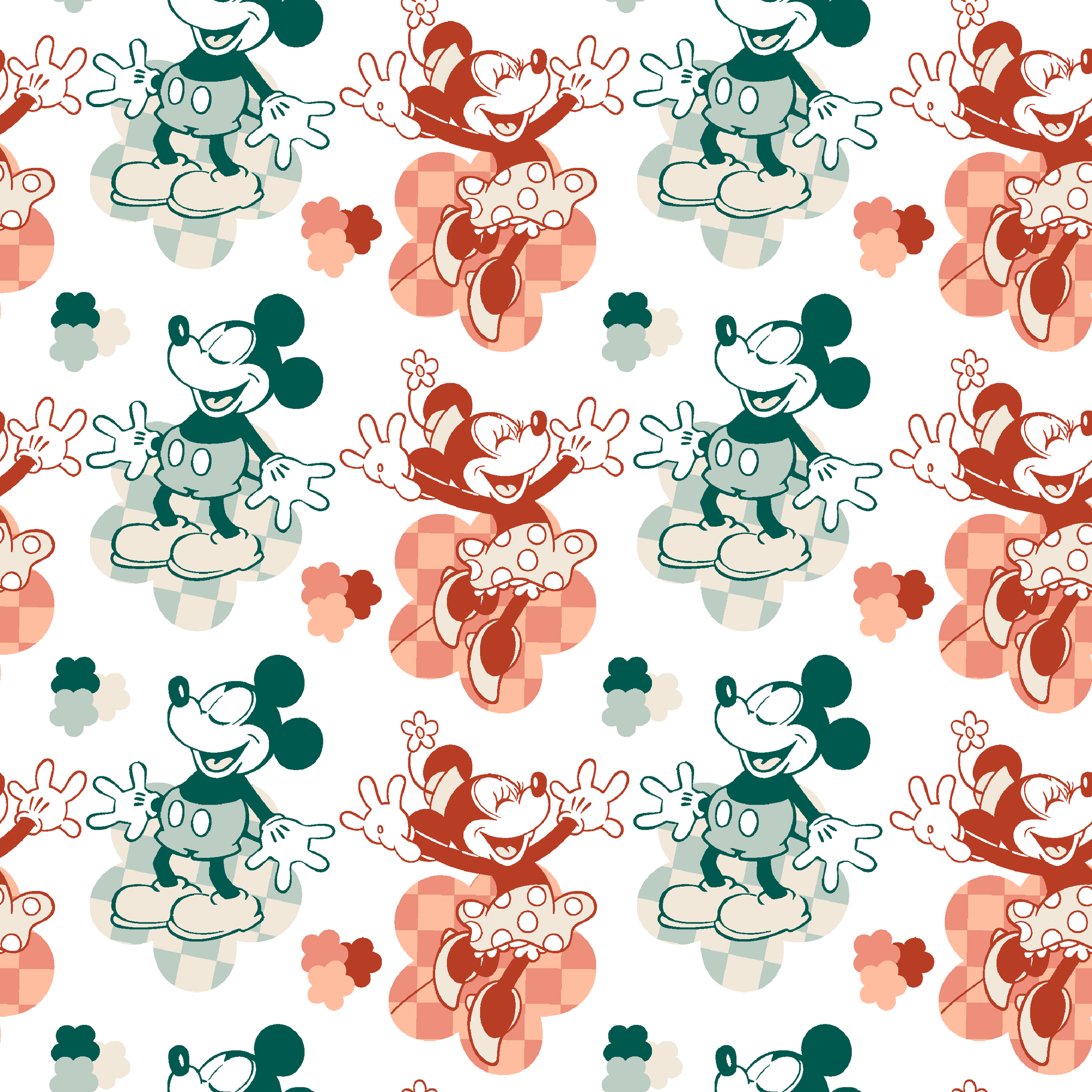 Repeating pattern of vintage-style cartoon characters in green and red-orange tones on white background tiled preview square