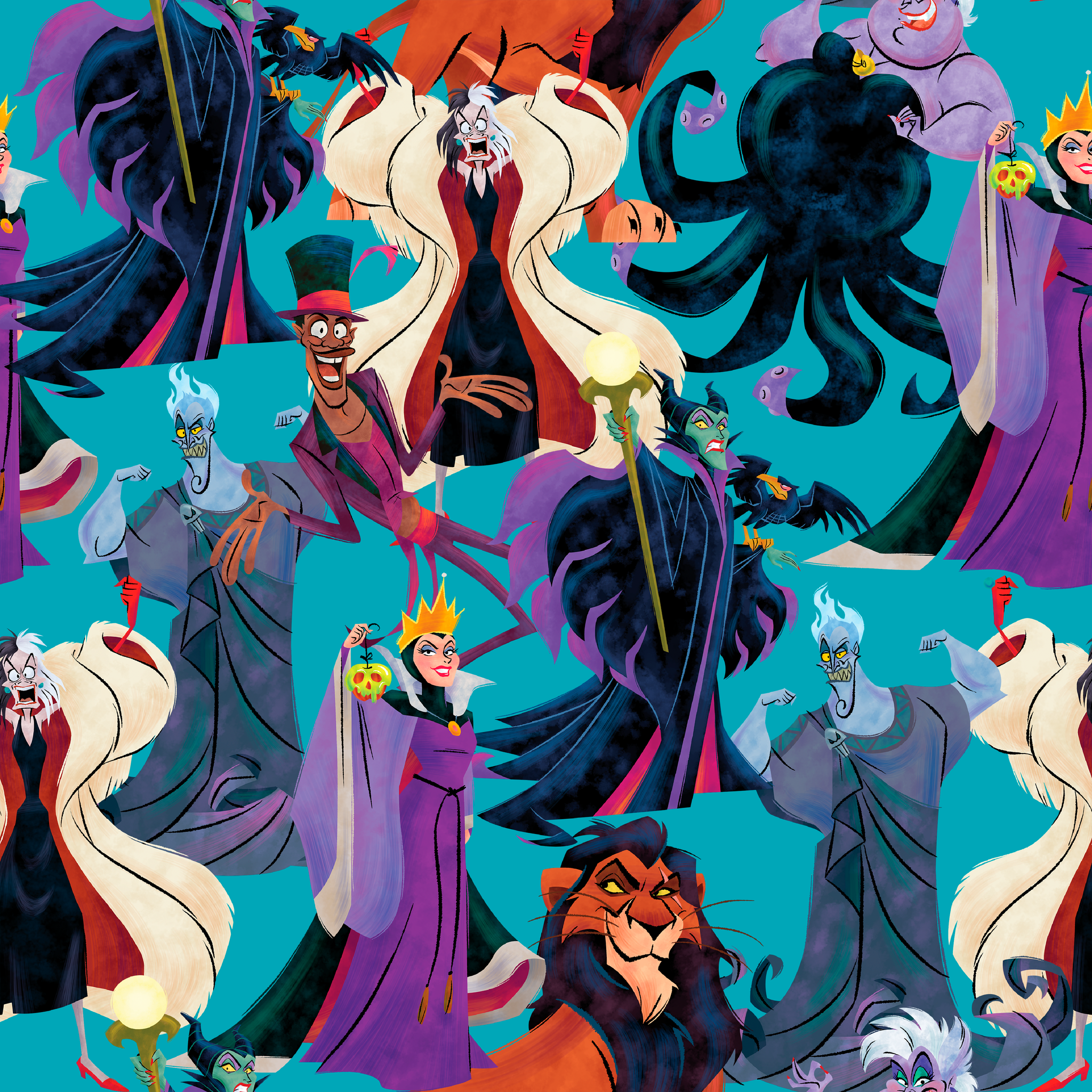 Disney Villains like Ursula, Maleficent, and Hades on a turquoise background in a colorful character pattern. tiled preview square