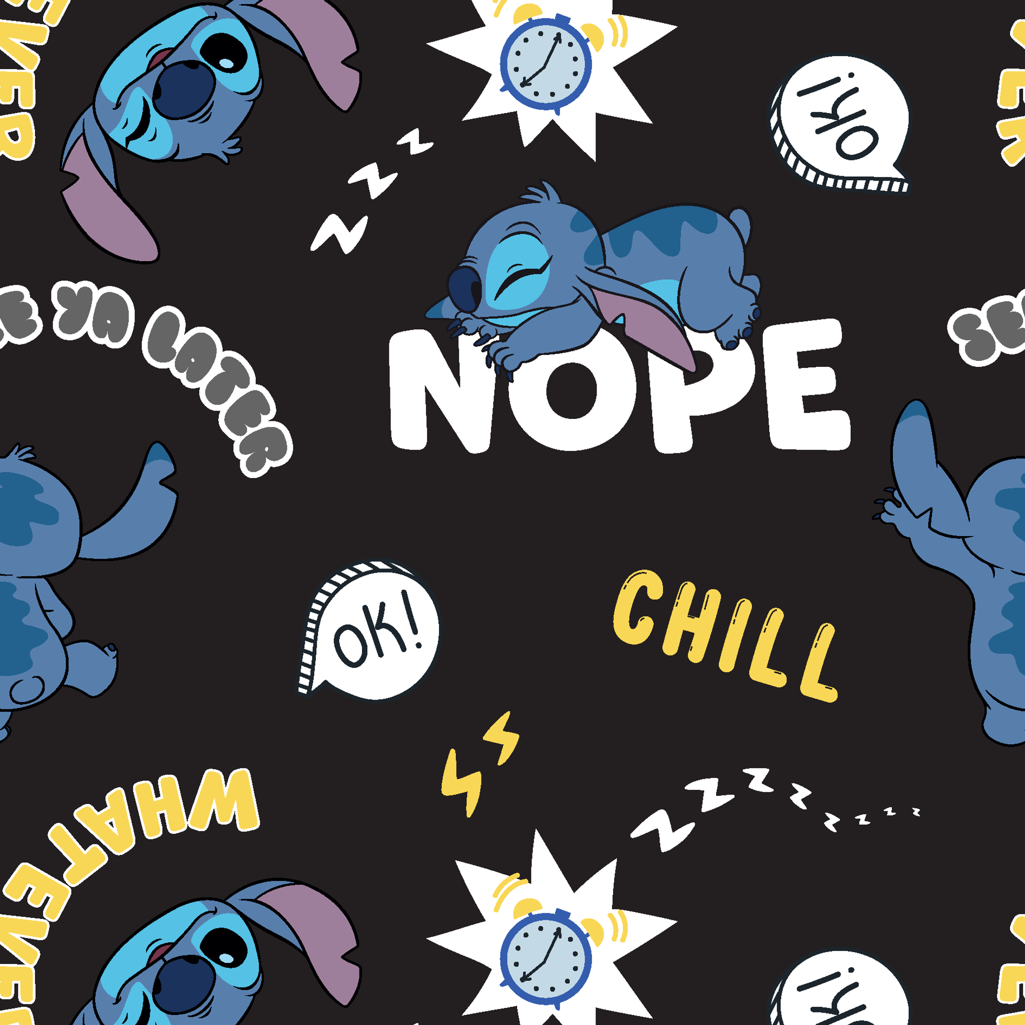 Disney Stitch pattern on black background with text "NOPE," "CHILL," "OK!" and sleep symbols tiled preview square