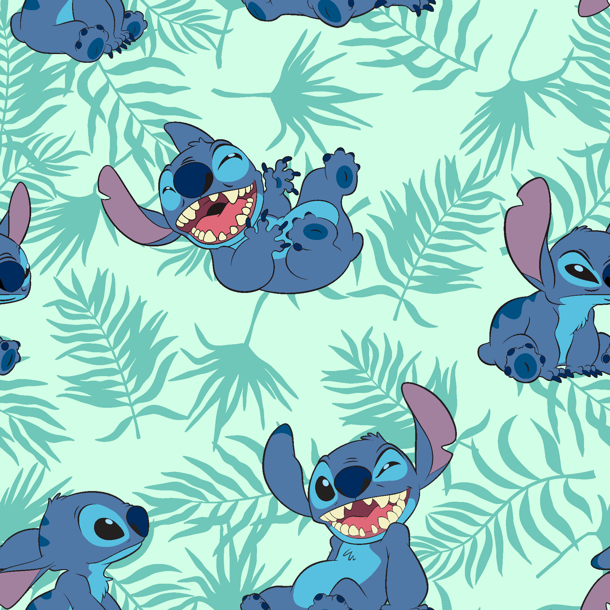 Blue cartoon alien character Stitch in various playful poses against mint green tropical leaf pattern background tiled preview square