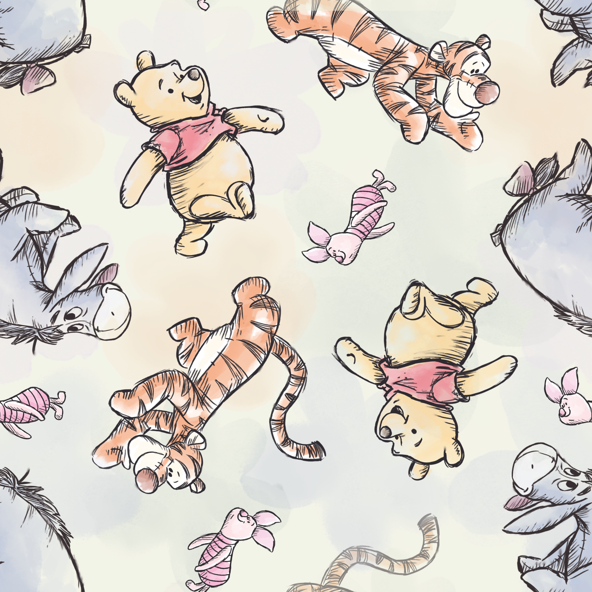 Whimsical pattern featuring cartoon bears in red shirts with bouncing tigers and small pink chara... tiled preview square