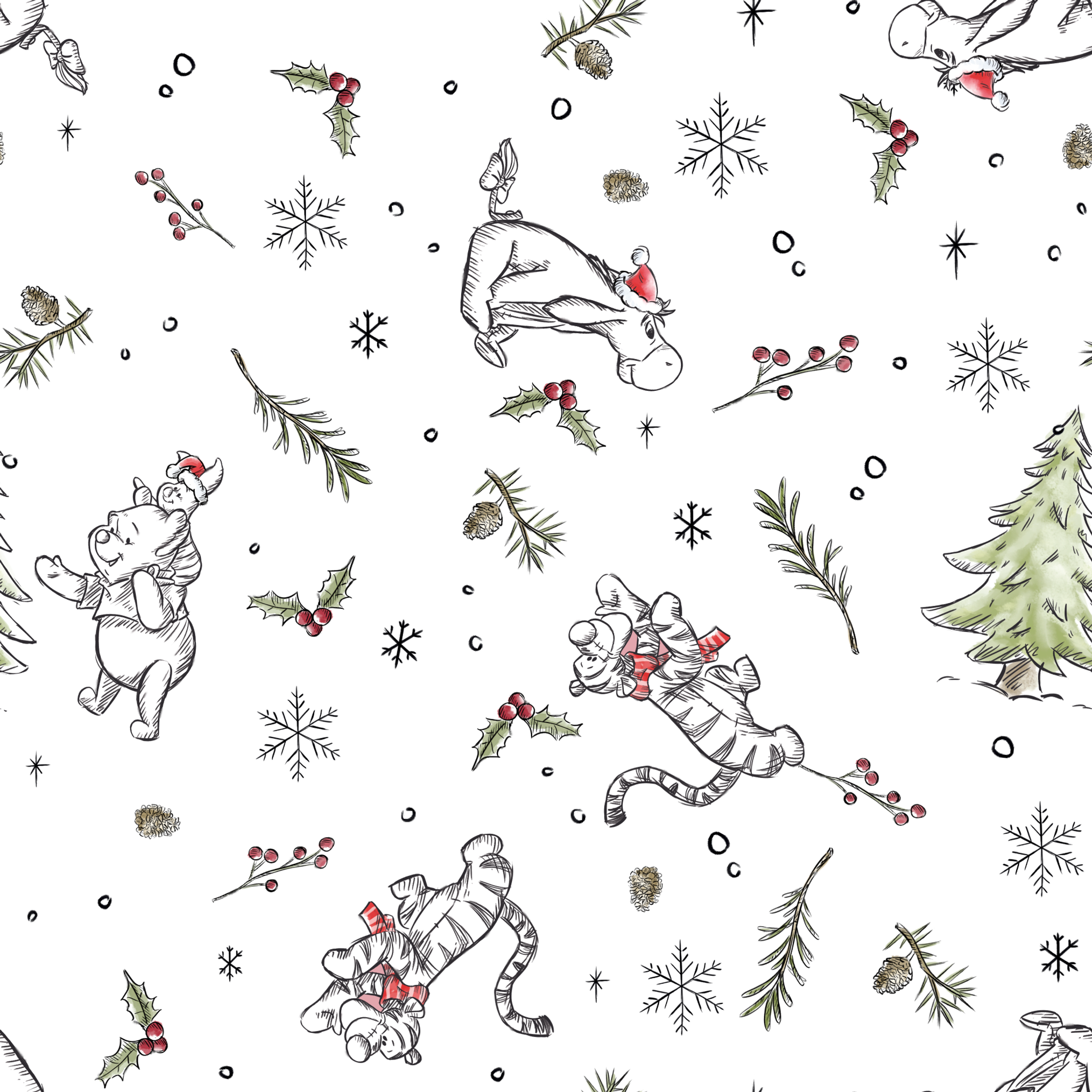 Delicate white winter pattern with cartoon mice, pine trees, holly berries, and snowflakes tiled preview square