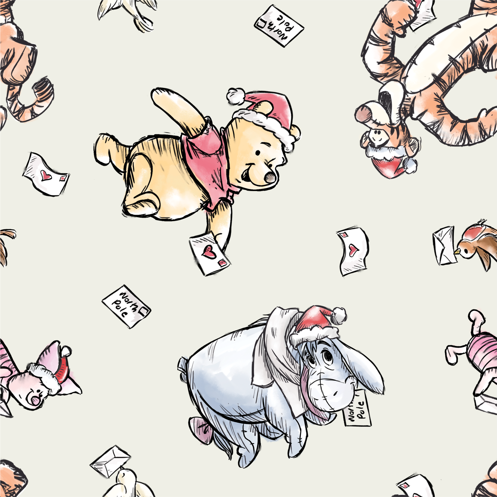 Whimsical cartoon characters in Santa hats on cream background with scattered letters tiled preview square