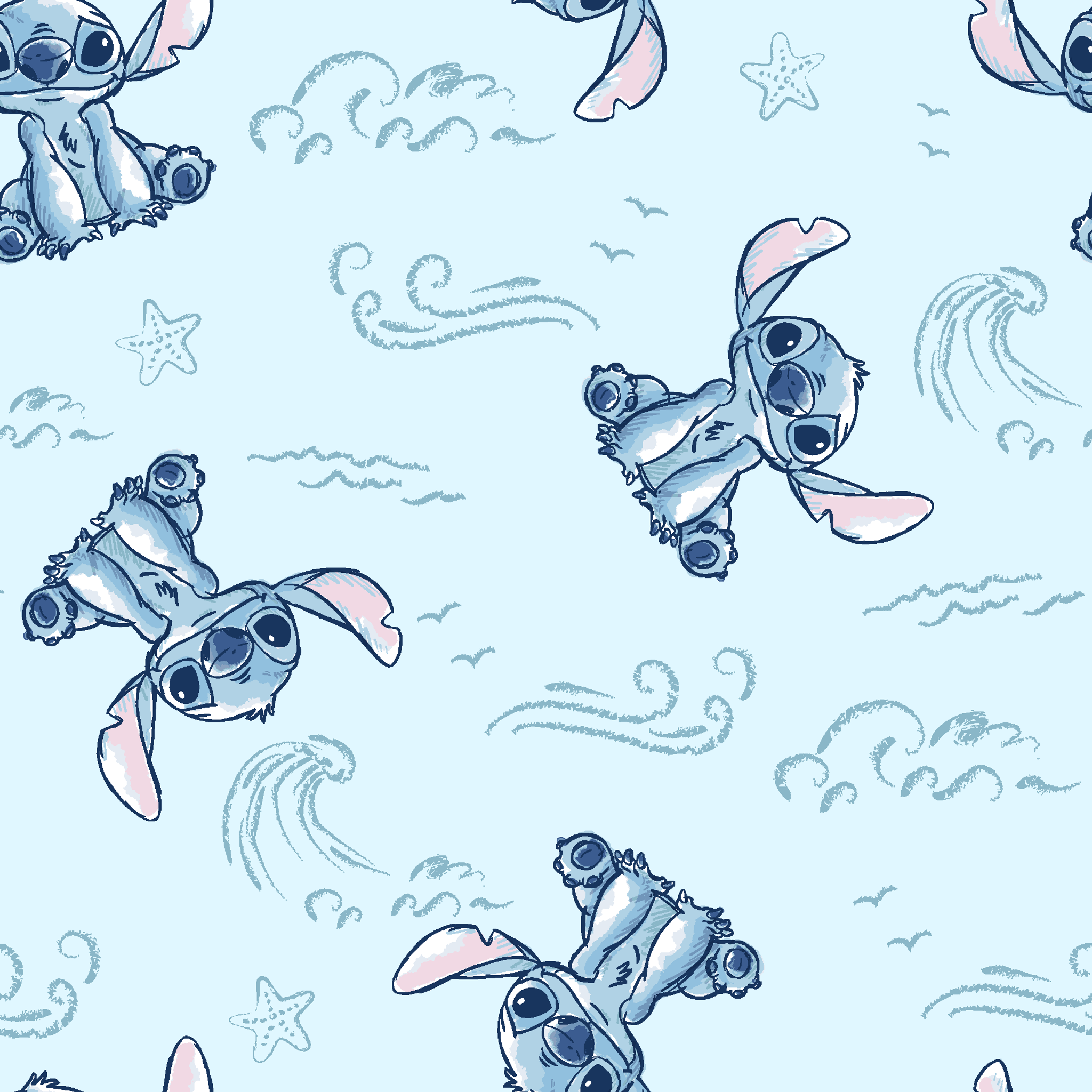 Blue cartoon alien characters with large ears in playful poses against light blue background with swirls and stars pattern tiled preview square
