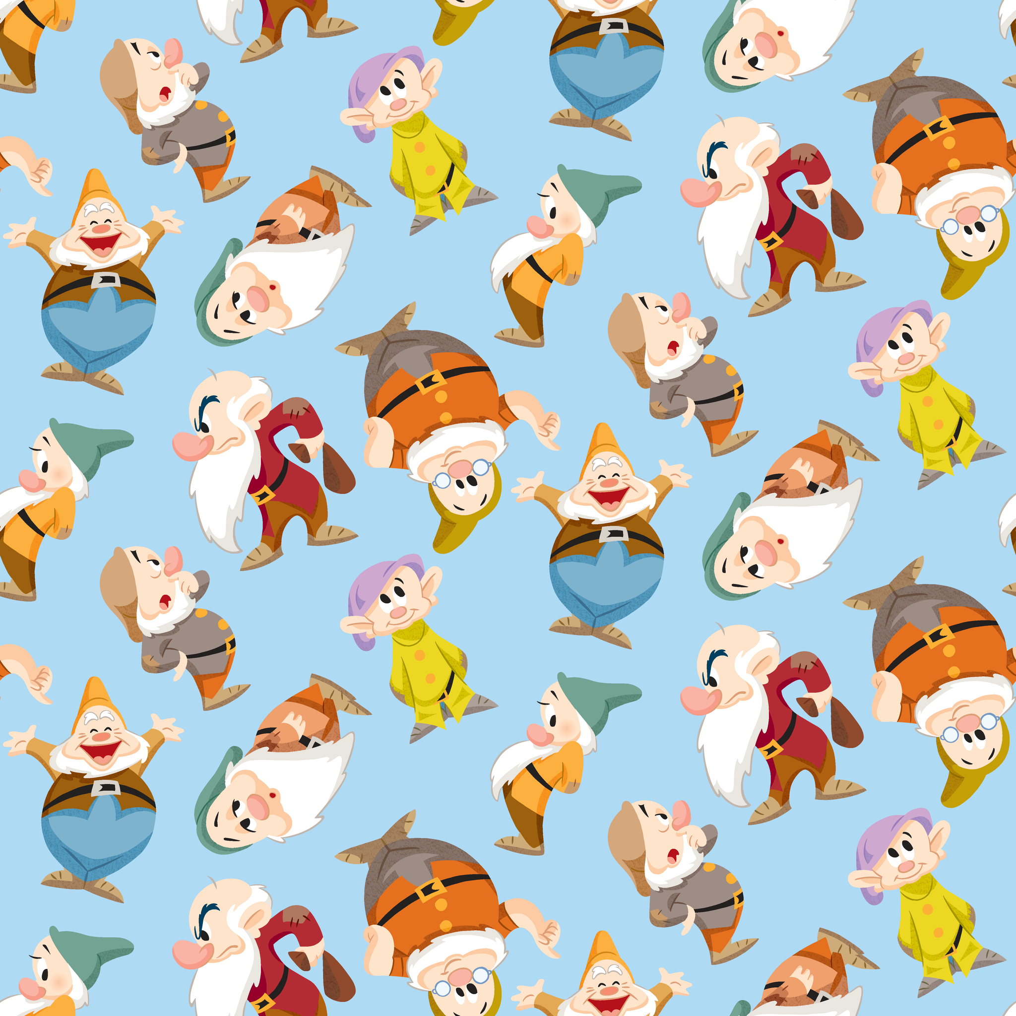 Pattern of cartoon dwarfs in colorful outfits on light blue background tiled preview square