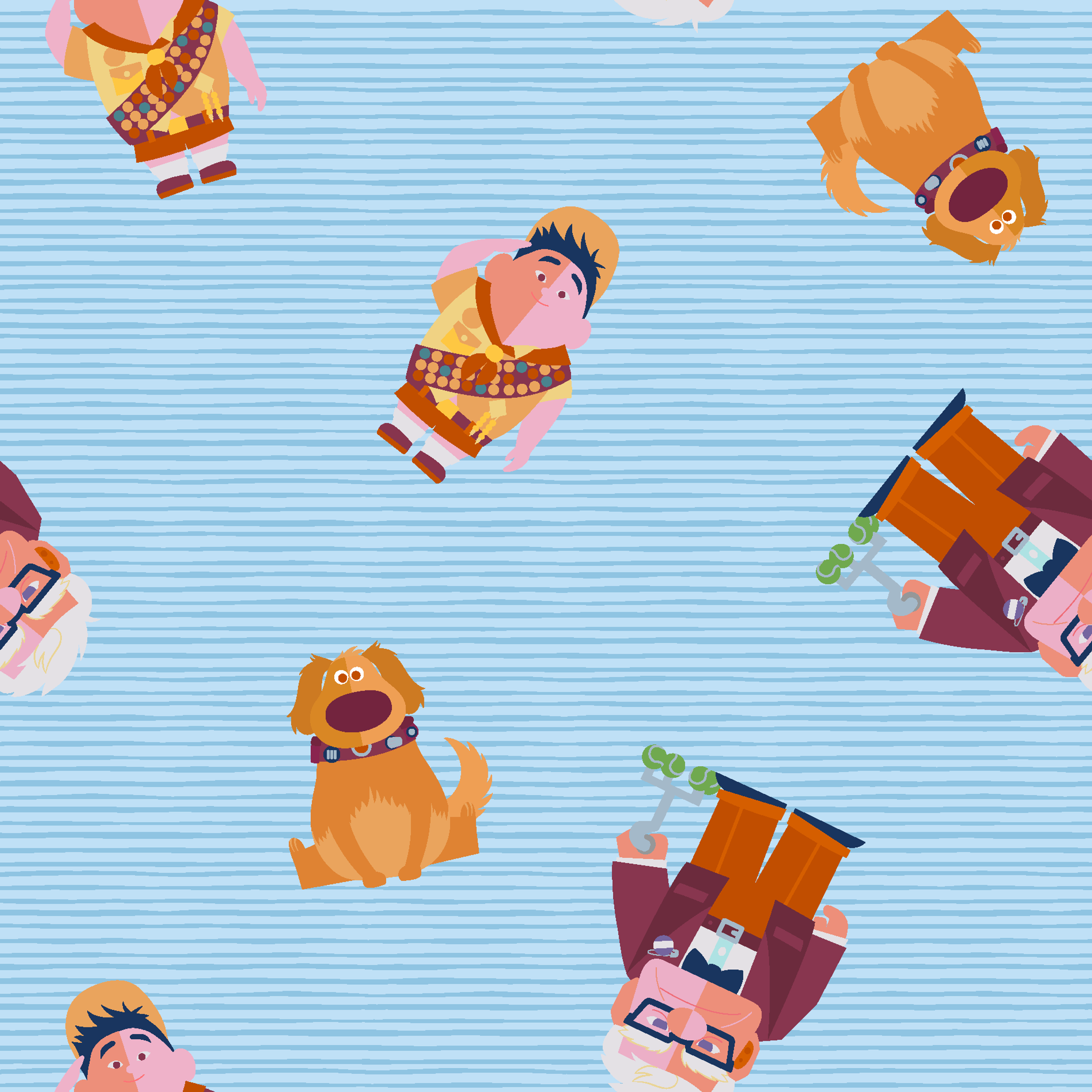 Cartoon characters from Up movie pattern on light blue striped background, featuring colorful illustrations tiled preview square
