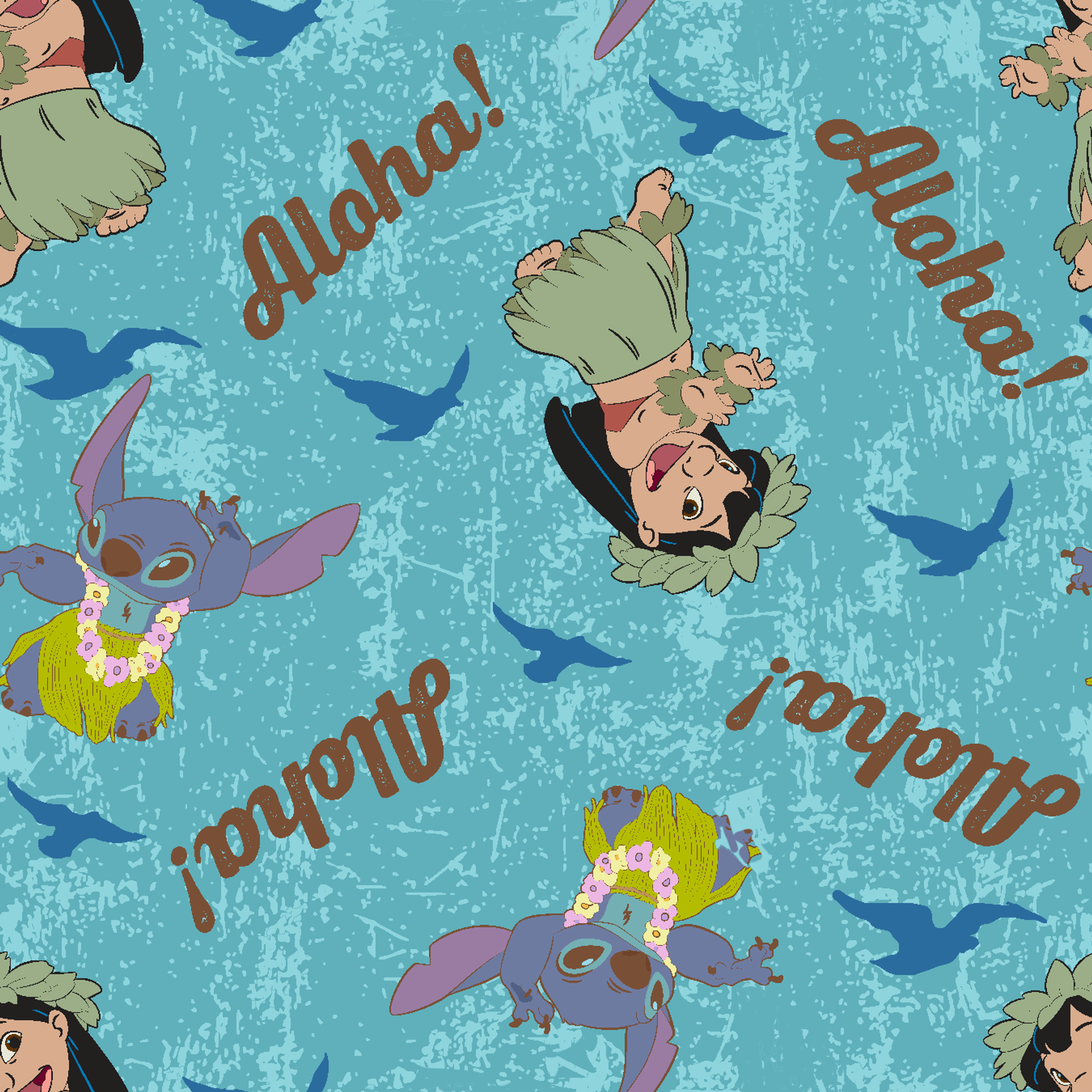 Lilo and Stitch pattern on turquoise background with "Aloha!" text and blue silhouettes tiled preview square