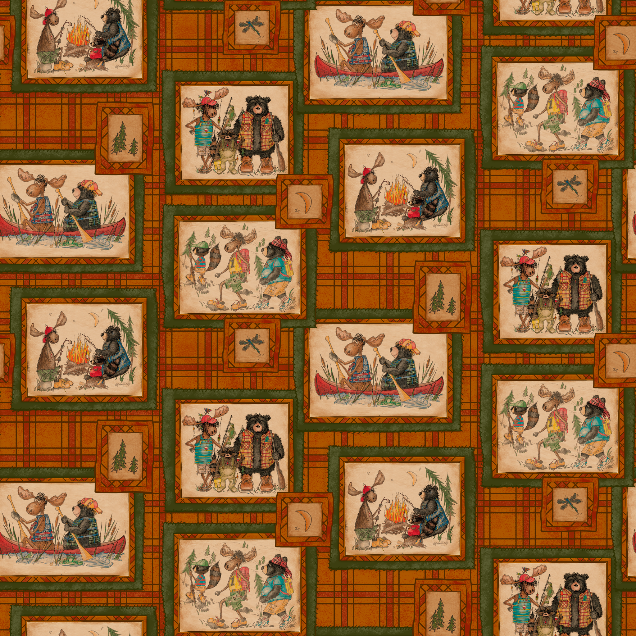 Vintage-style patchwork pattern with framed scenes of people and animals on orange plaid background tiled preview square