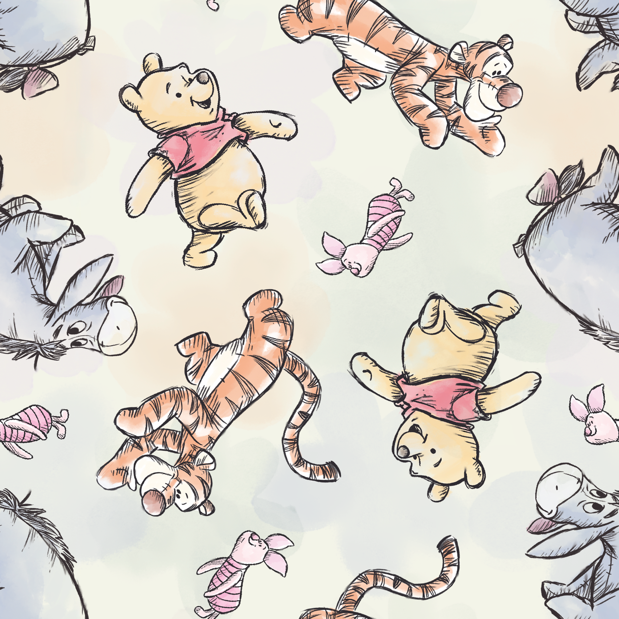 Whimsical pattern featuring cartoon bears in red shirts with bouncing tigers and small pink chara... tiled preview square