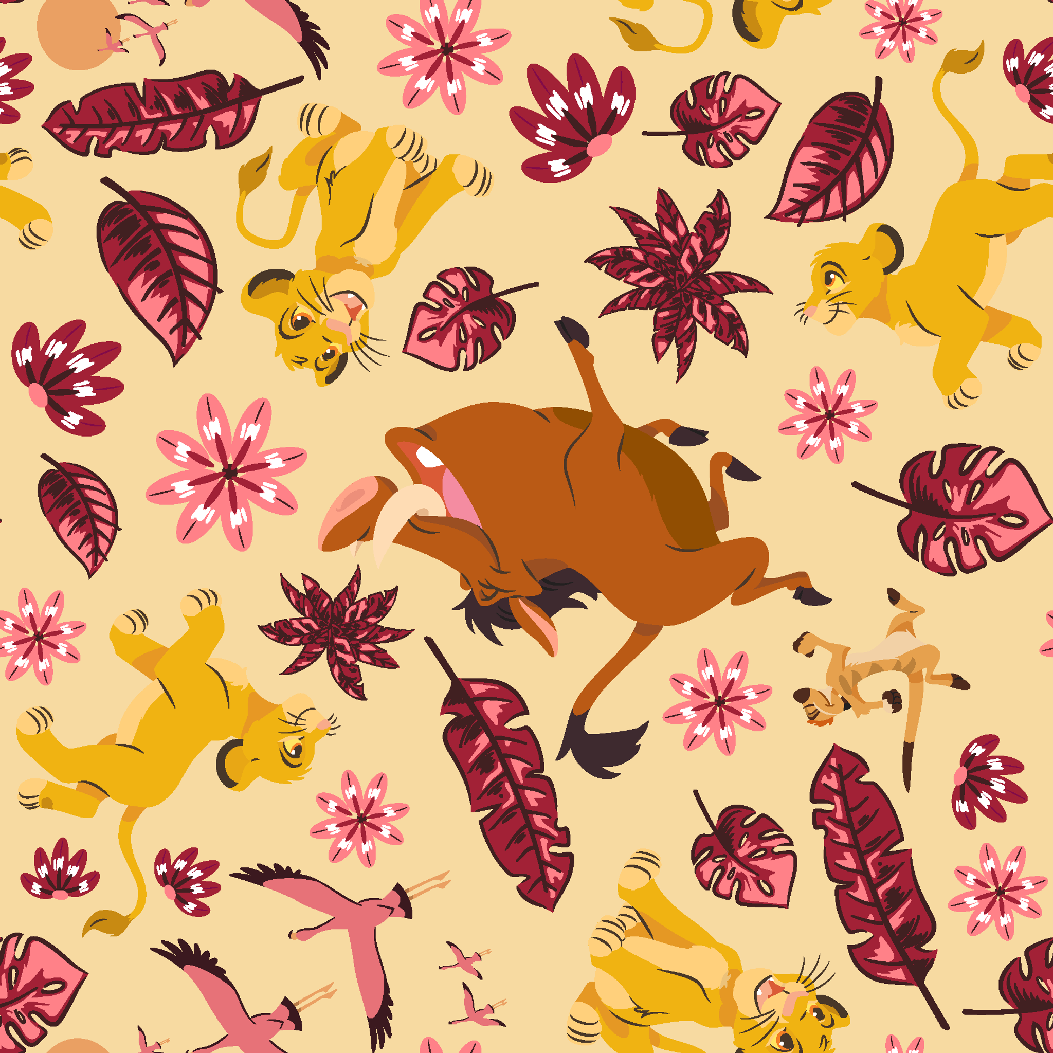 Decorative pattern with lions, gazelles, and boars in yellows and browns among maroon leaves and pink flowers tiled preview square