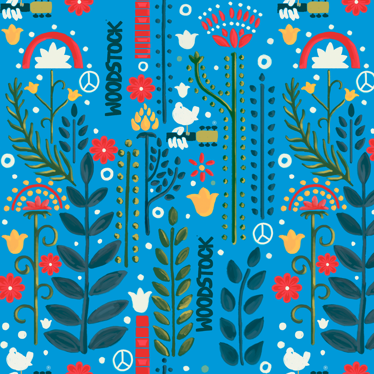 Woodstock Retro Greenery on Blue Wallpaper