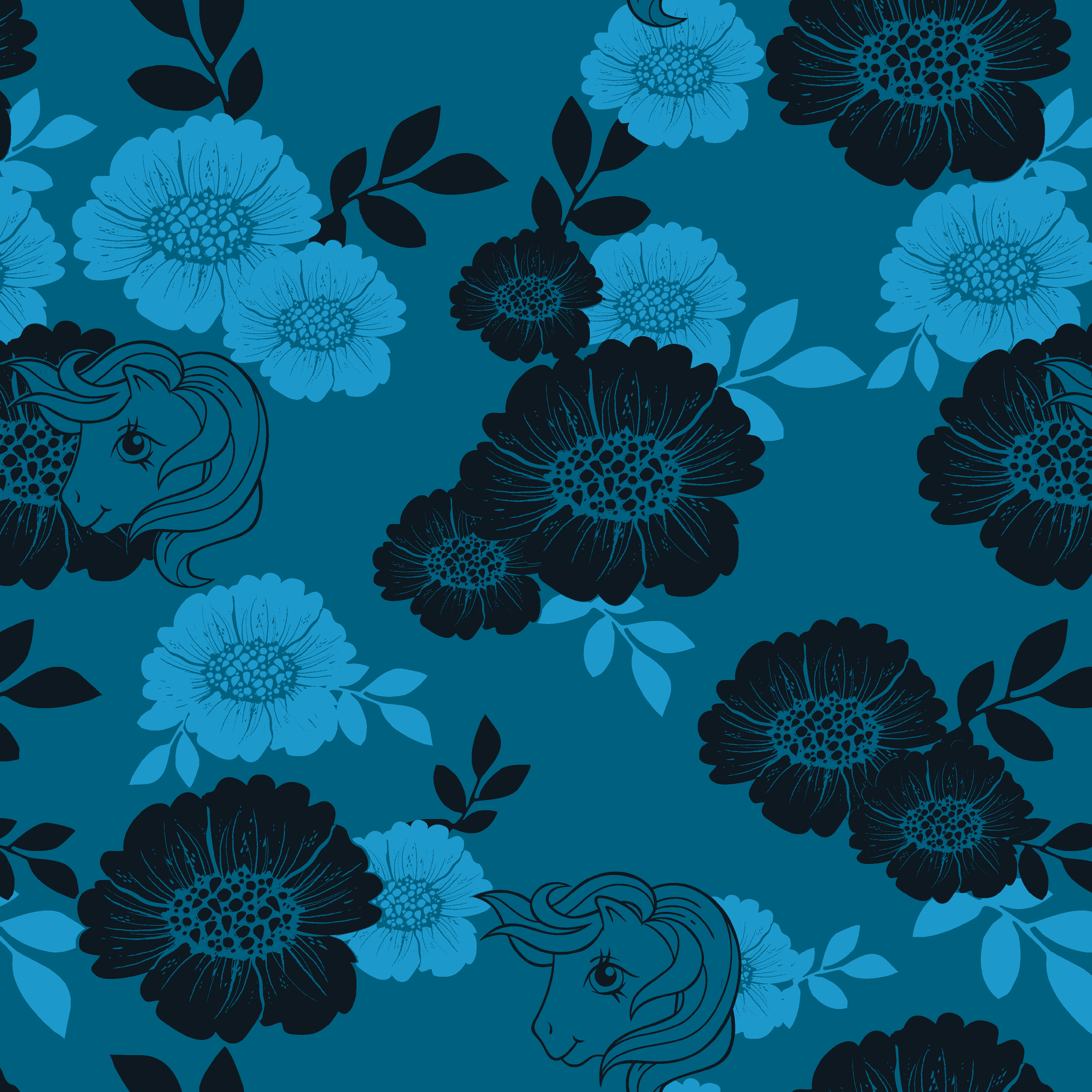 Hasbro My Little Pony Floral Silhouettes on Blue Wallpaper