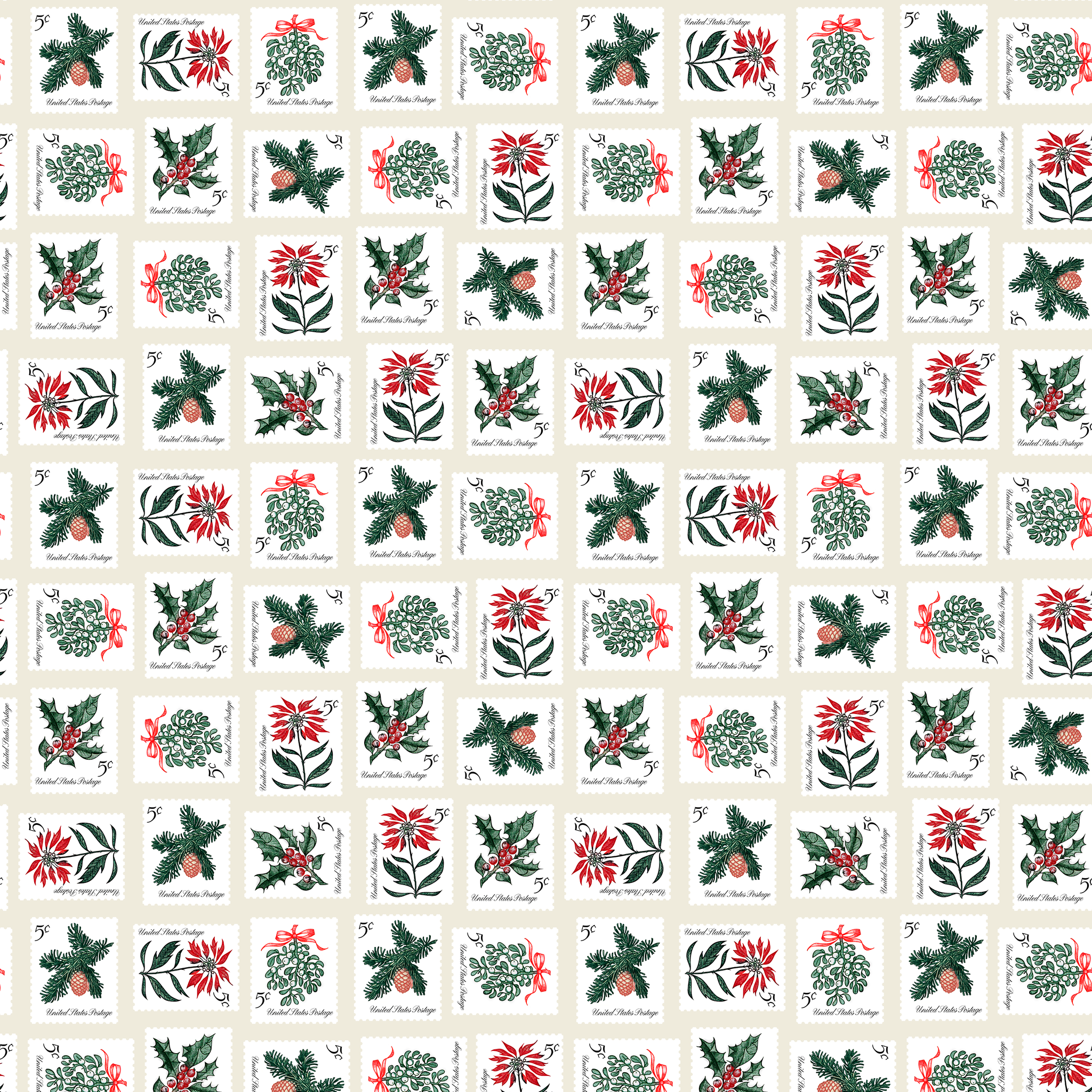 USPS Holiday Botanicals Stamp Collage on Cream Wallpaper