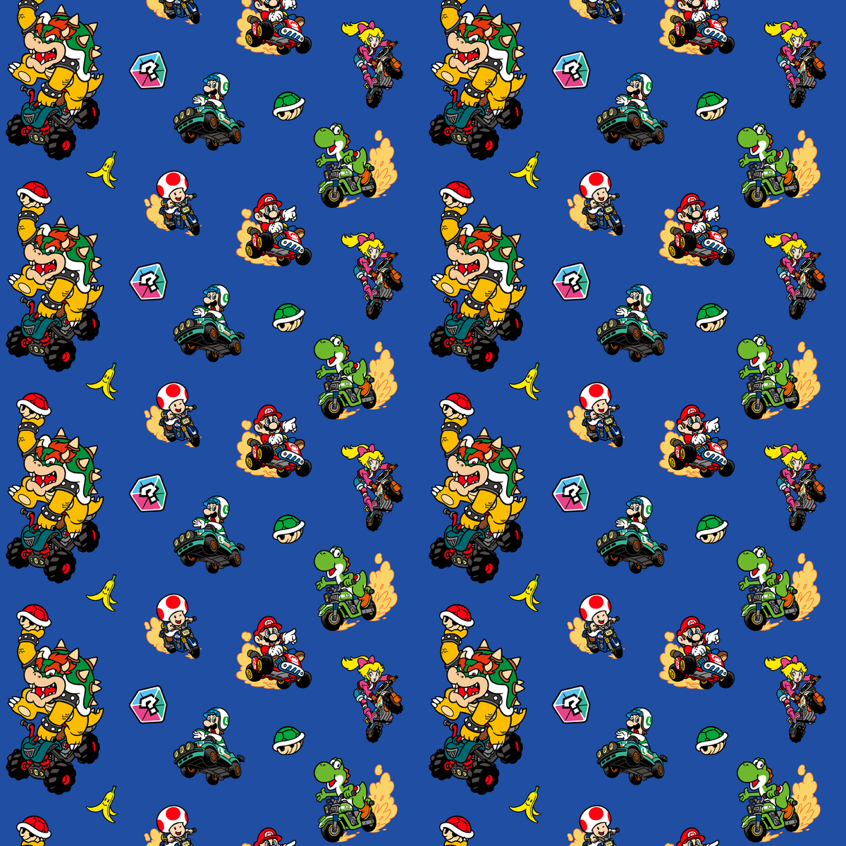 Mario Kart™ World 2D Friends in Action on Blue Wallpaper