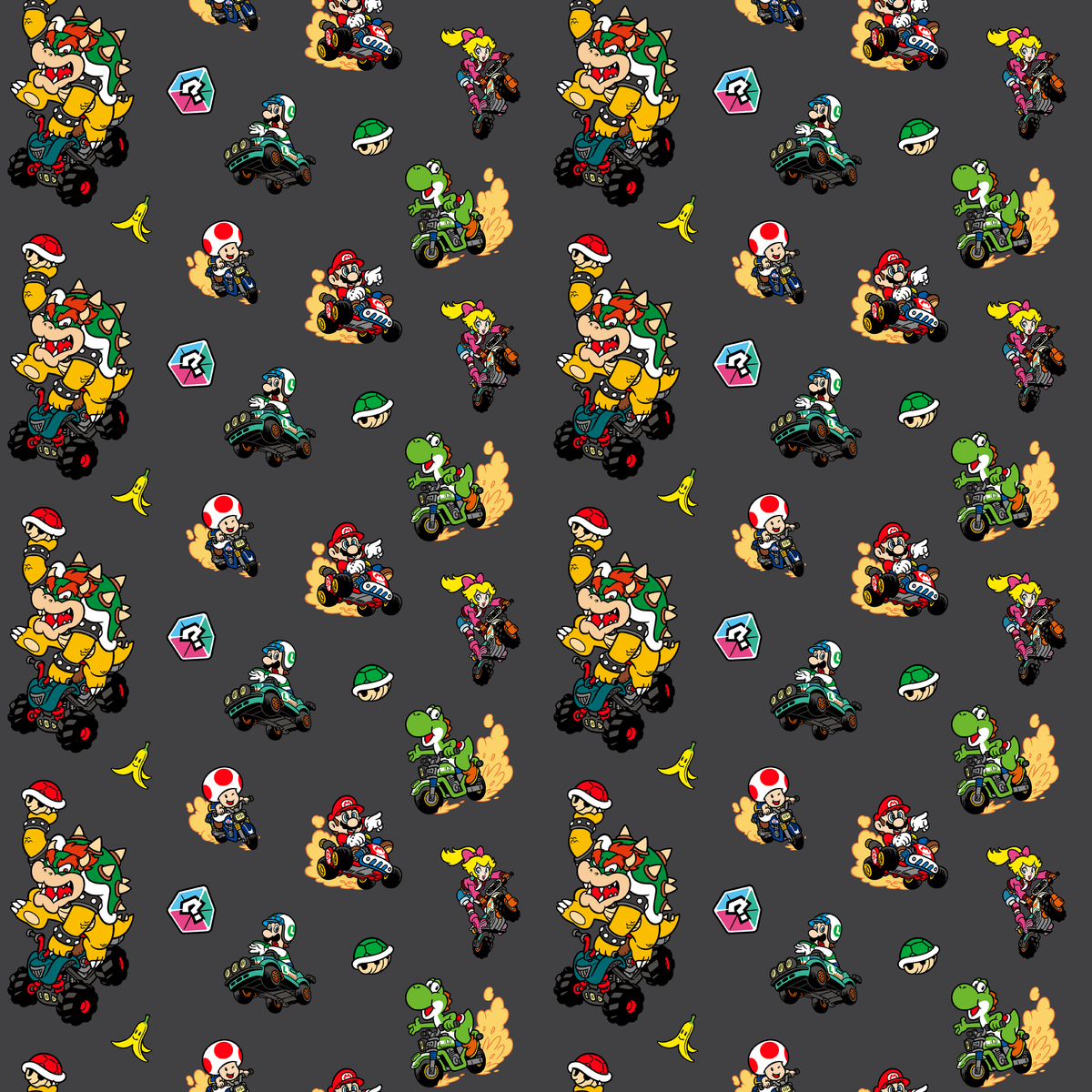 Mario Kart™ World 2D Friends in Action on Dark Grey Wallpaper