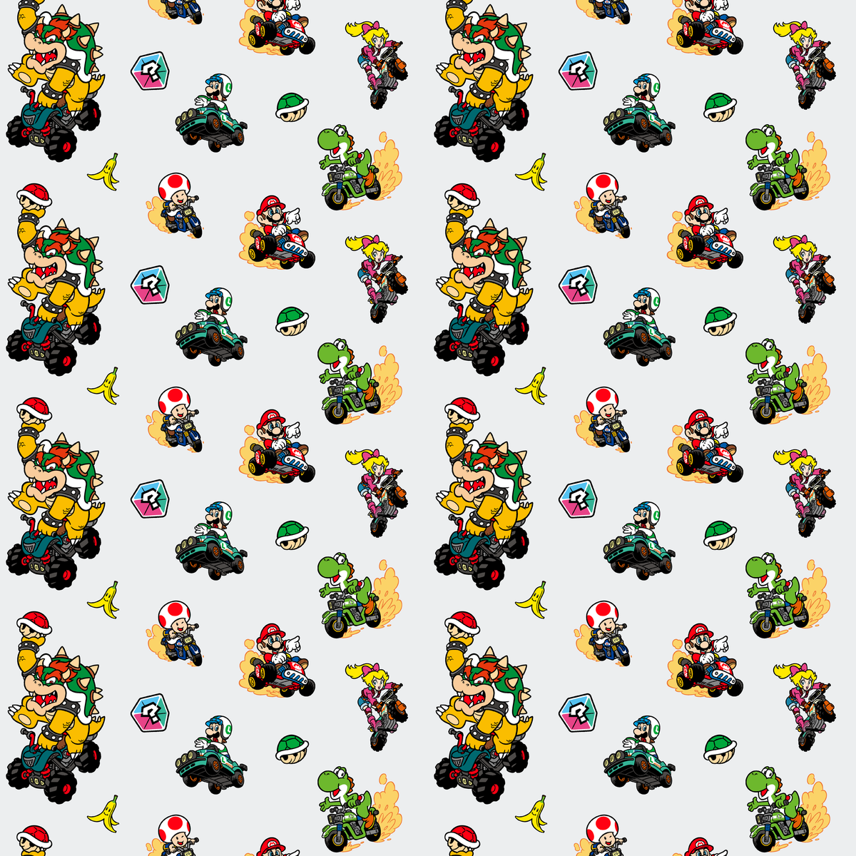 Mario Kart™ World 2D Friends in Action on Light Grey Wallpaper