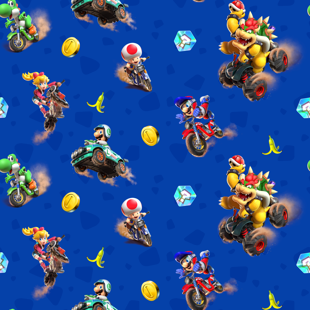 Mario Kart™ World 3D Friends in Action on Blue Wallpaper