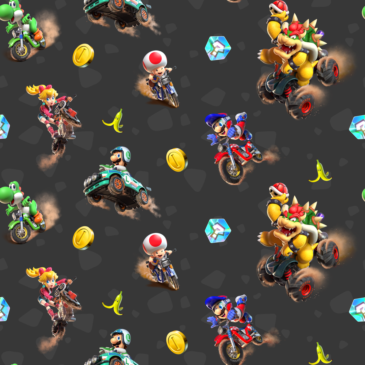 Mario Kart™ World 3D Friends in Action on Dark Grey Wallpaper