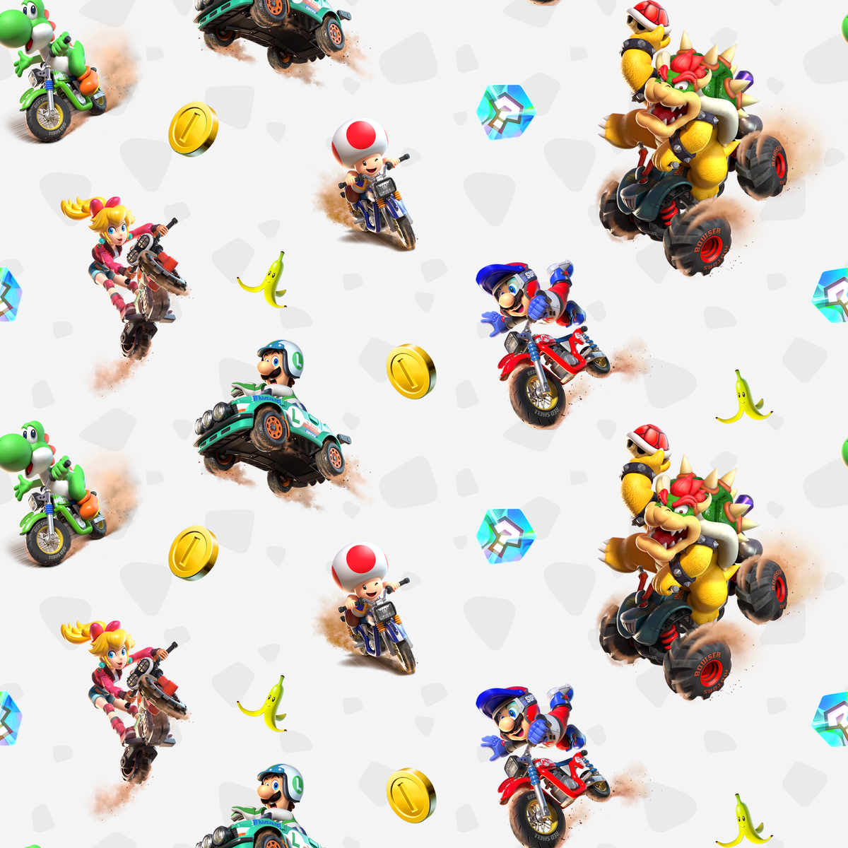 Mario Kart™ World 3D Friends in Action on Light Grey Wallpaper