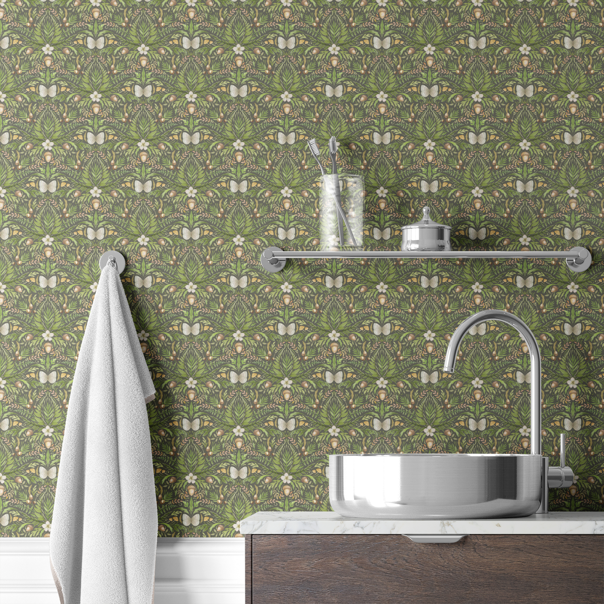 Symmetrical botanical pattern with green foliage, white flowers, and brown accents on dark background wallpaper bath mockup