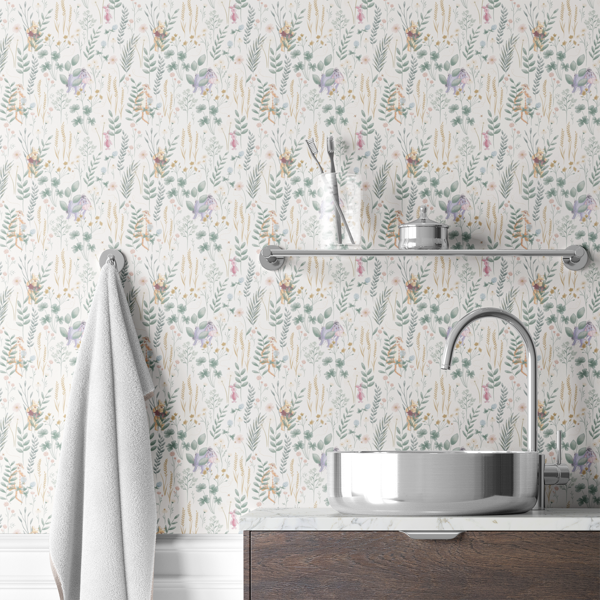 Whimsical botanical pattern with colorful teddy bears and creatures among green plants and flowers wallpaper bath mockup