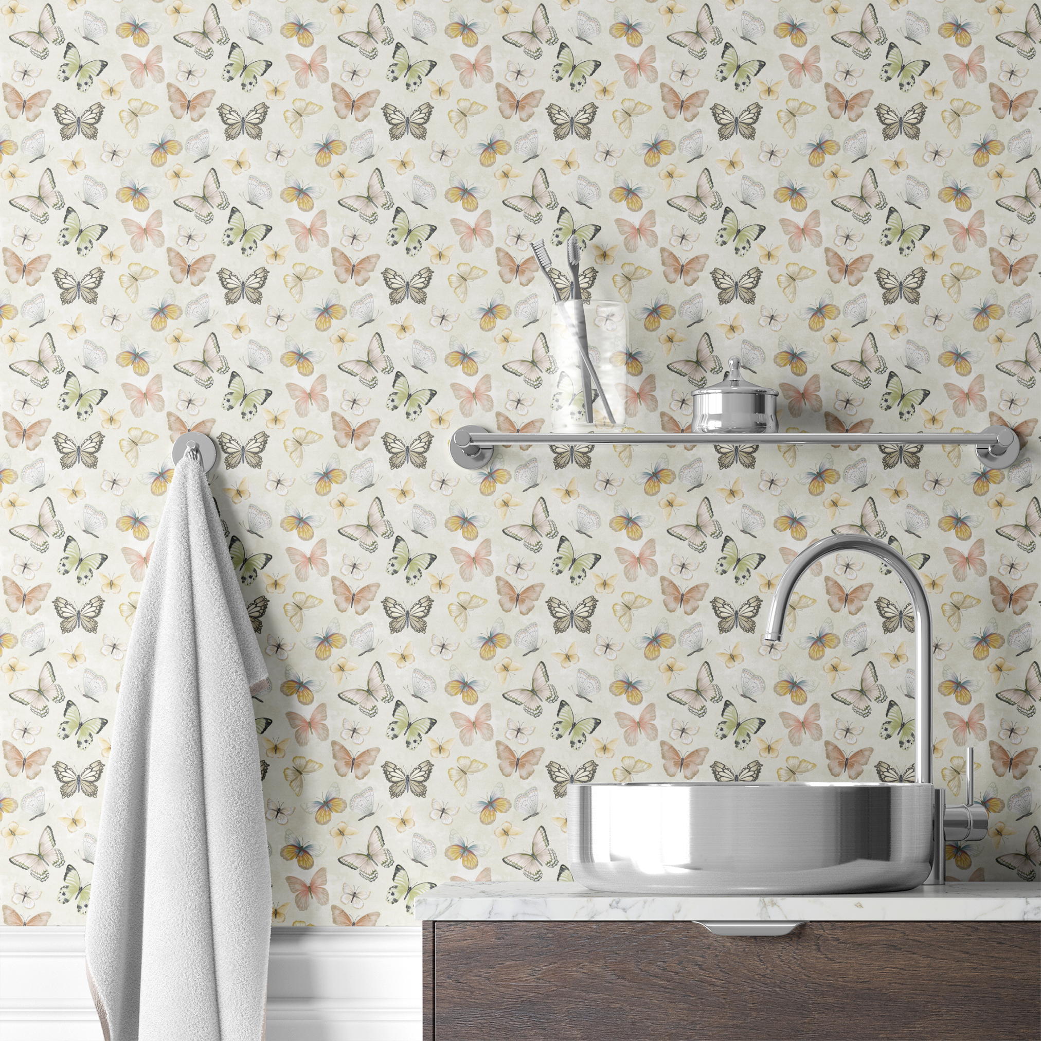 Hand-illustrated pastel butterflies in pink, blue, yellow, and sage on a cream background in a botanical-style Nicole Tamarin design. wallpaper bath mockup
