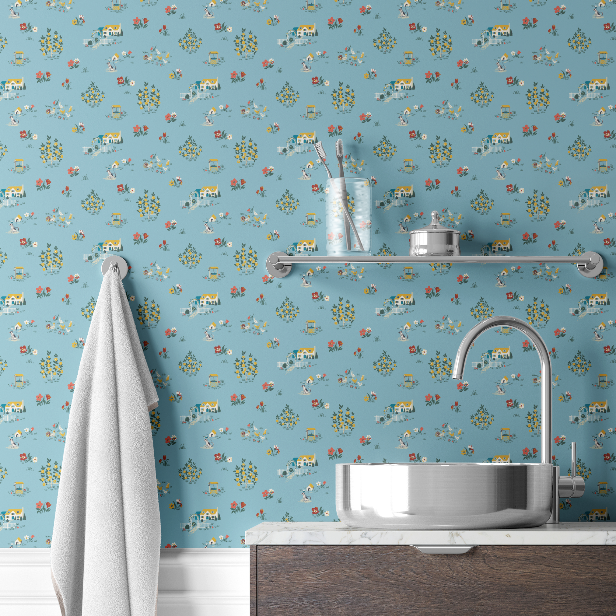 Blue-gray background with repeating folk art pattern of small cottages, white geese, floral clusters, and colorful tulips in yellow and red. wallpaper bath mockup
