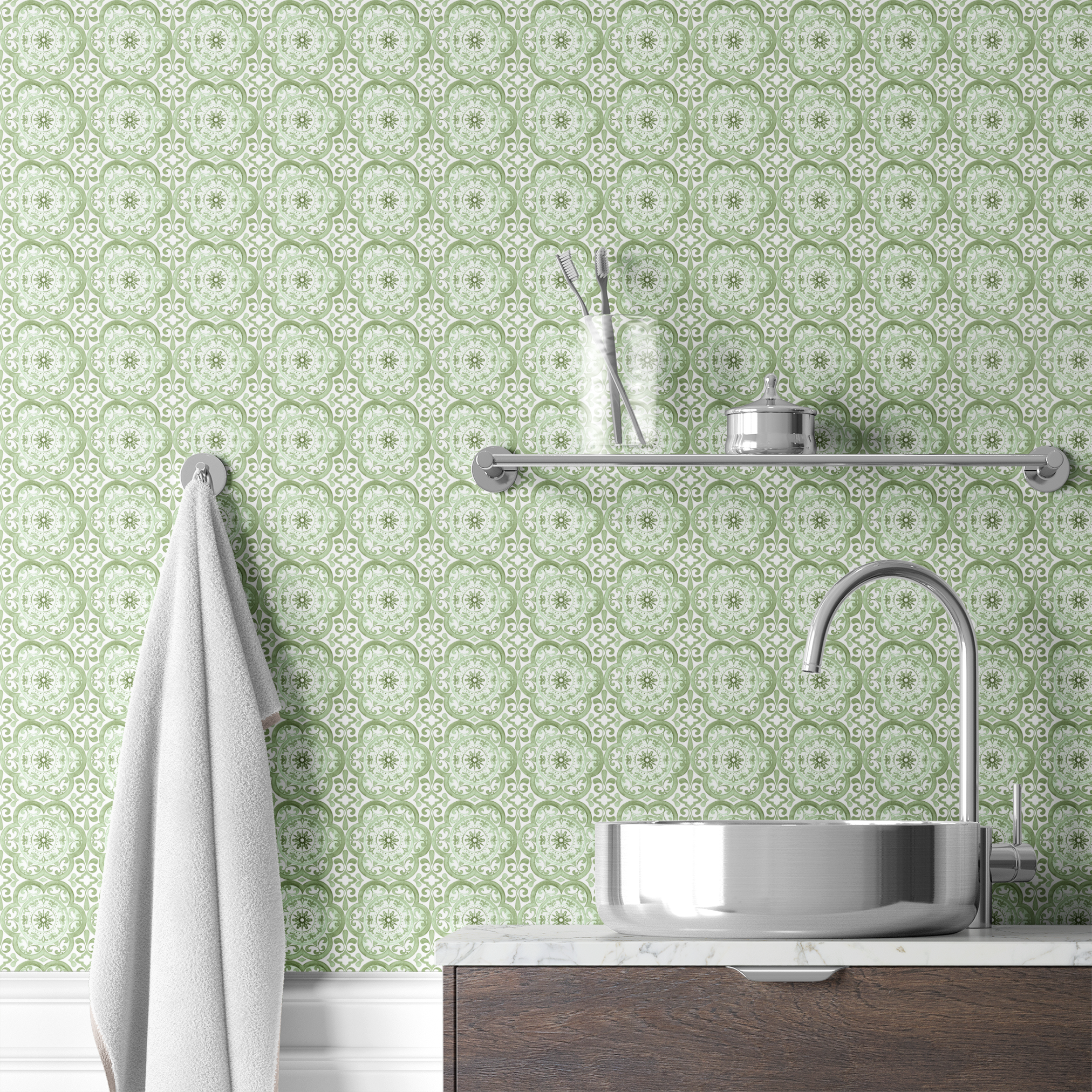 Green medallion tile-inspired pattern by Nicole Tamarin, featuring ornate floral details in a repeating square layout. wallpaper bath mockup